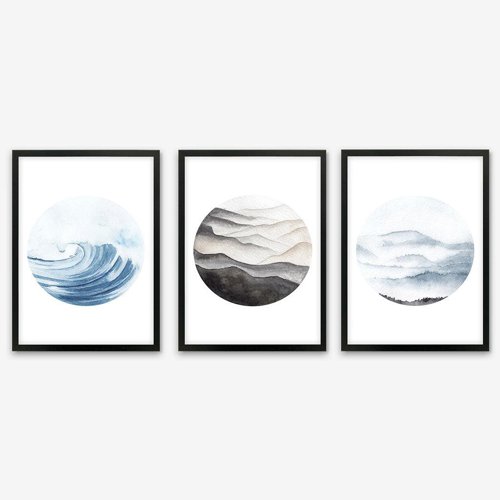 Ocean Waves Scene - Print Set Of 3 - Black Frame - Abstract House