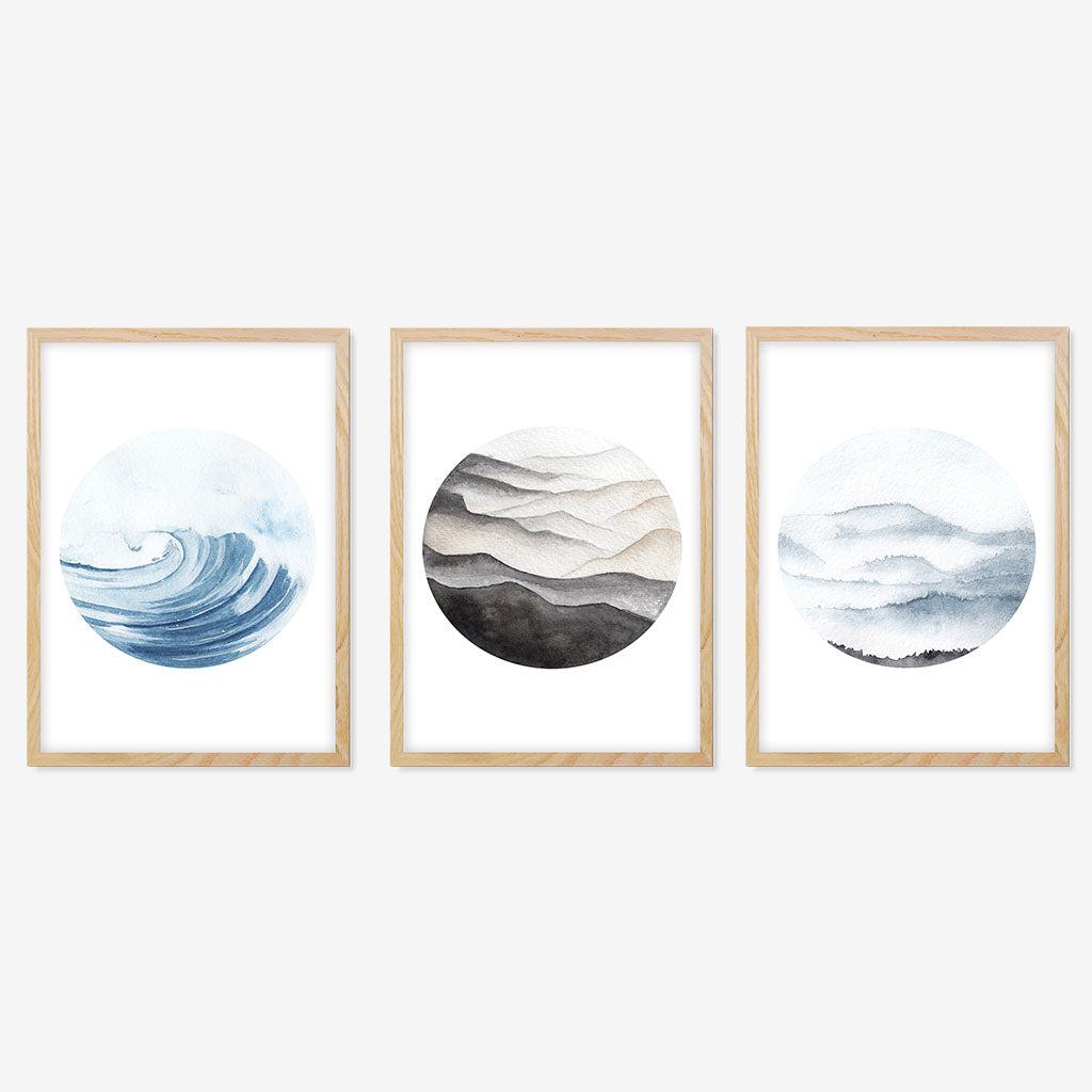 Ocean Waves Scene - Print Set Of 3 - Oak Frame - Abstract House