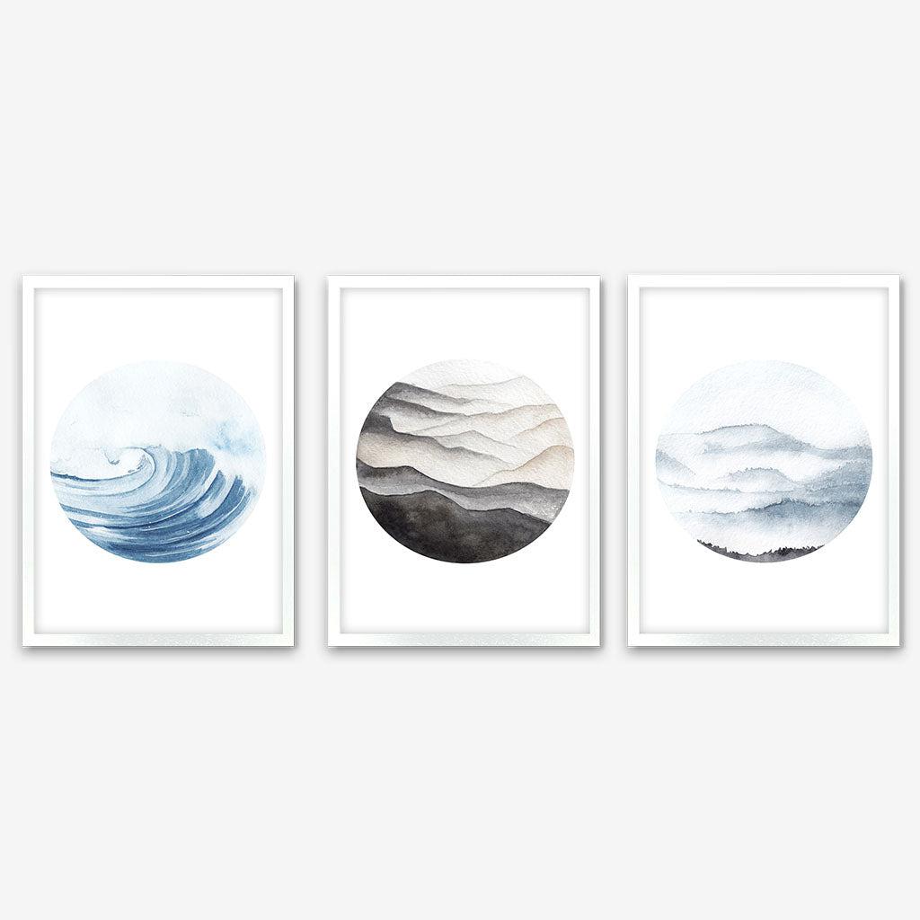Ocean Waves Scene - Print Set Of 3 - White Frame - Abstract House