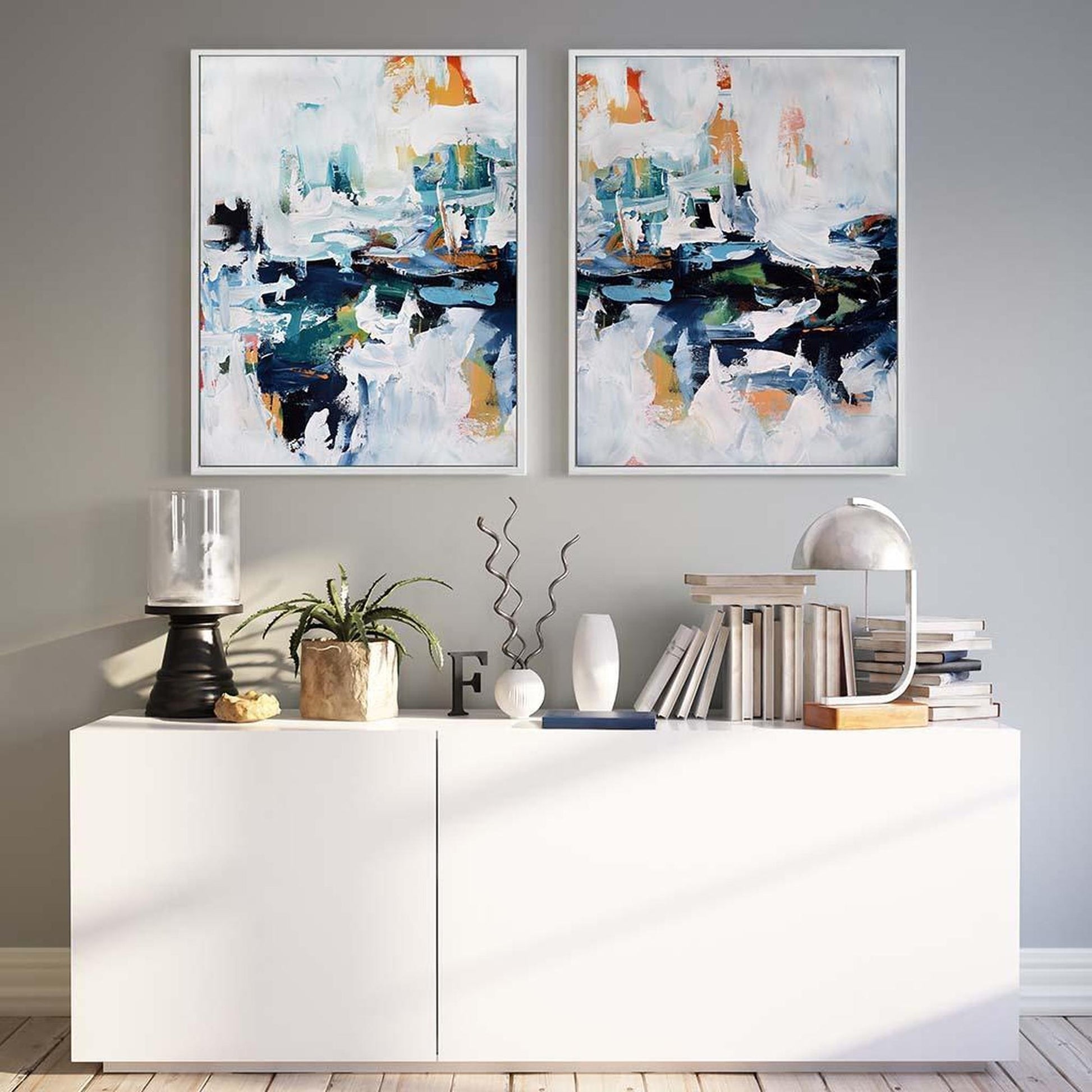 A modern abstract canvas painting, wall art print set of 3, set of 2 teal and white abstract canvas prints.