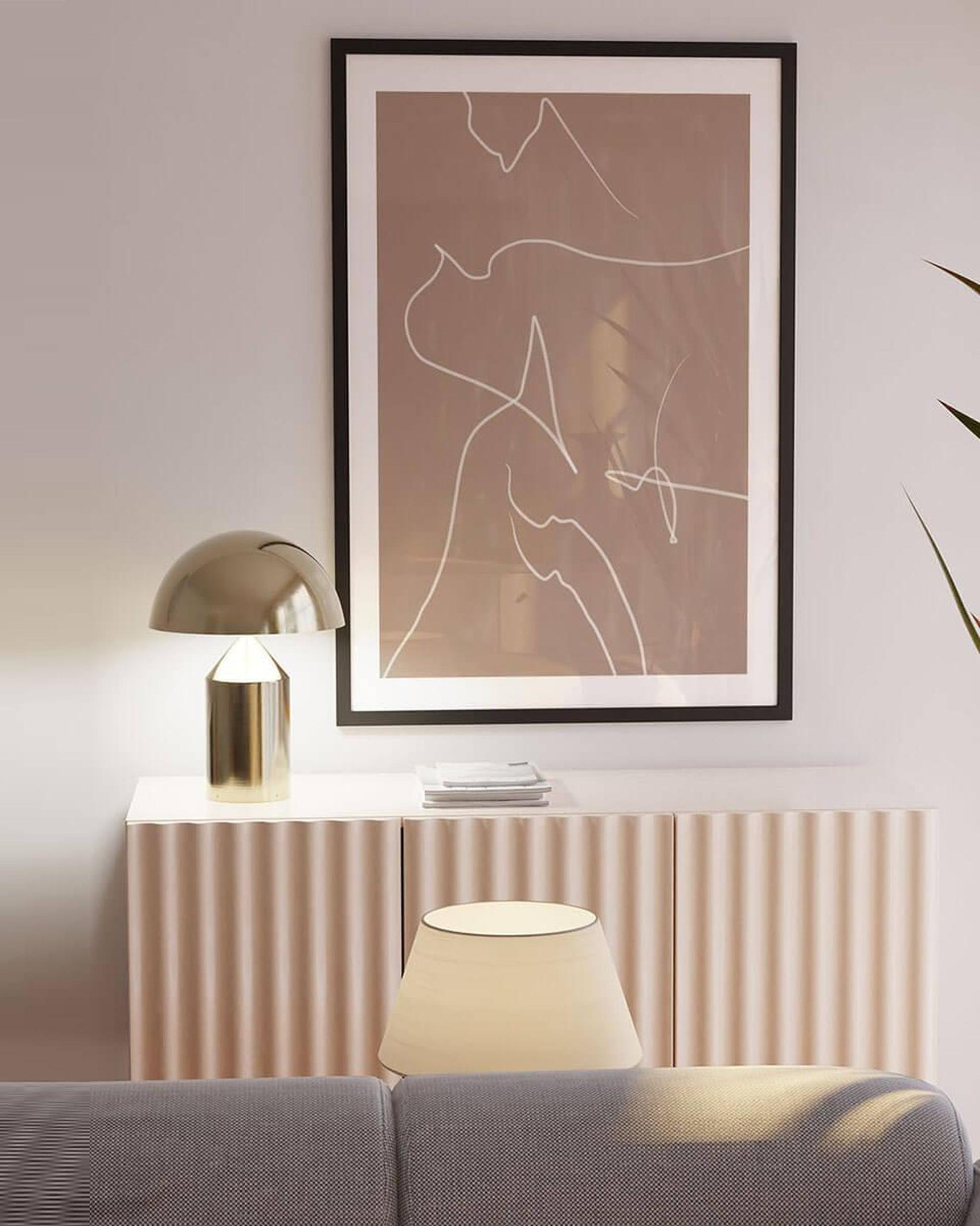 Modern interior with abstract art, lamp, and sofa