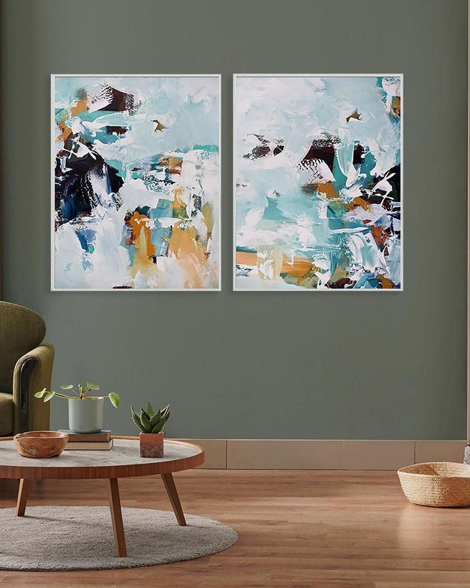 Teal Abstract Colours Canvas Set Of 2-framed-Canvas Set Of 2-Abstract House