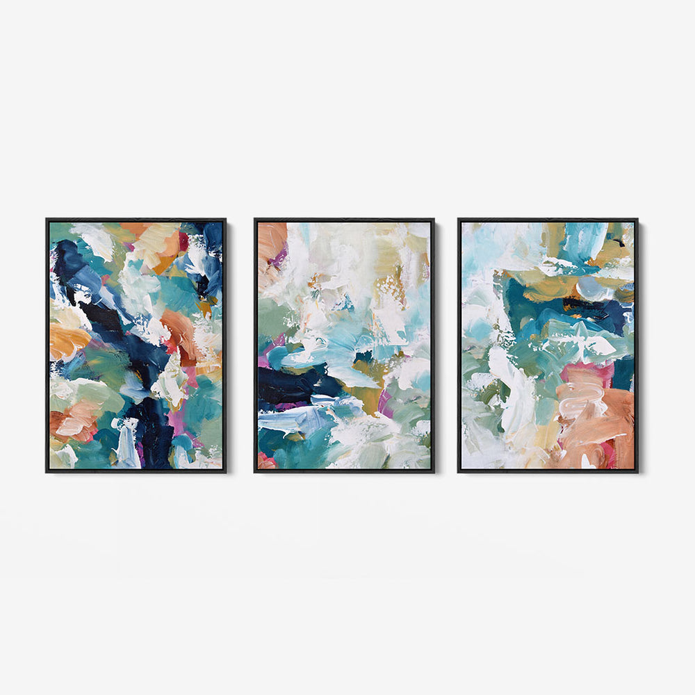 Blush On Teal Strokes Canvas Set Of 3