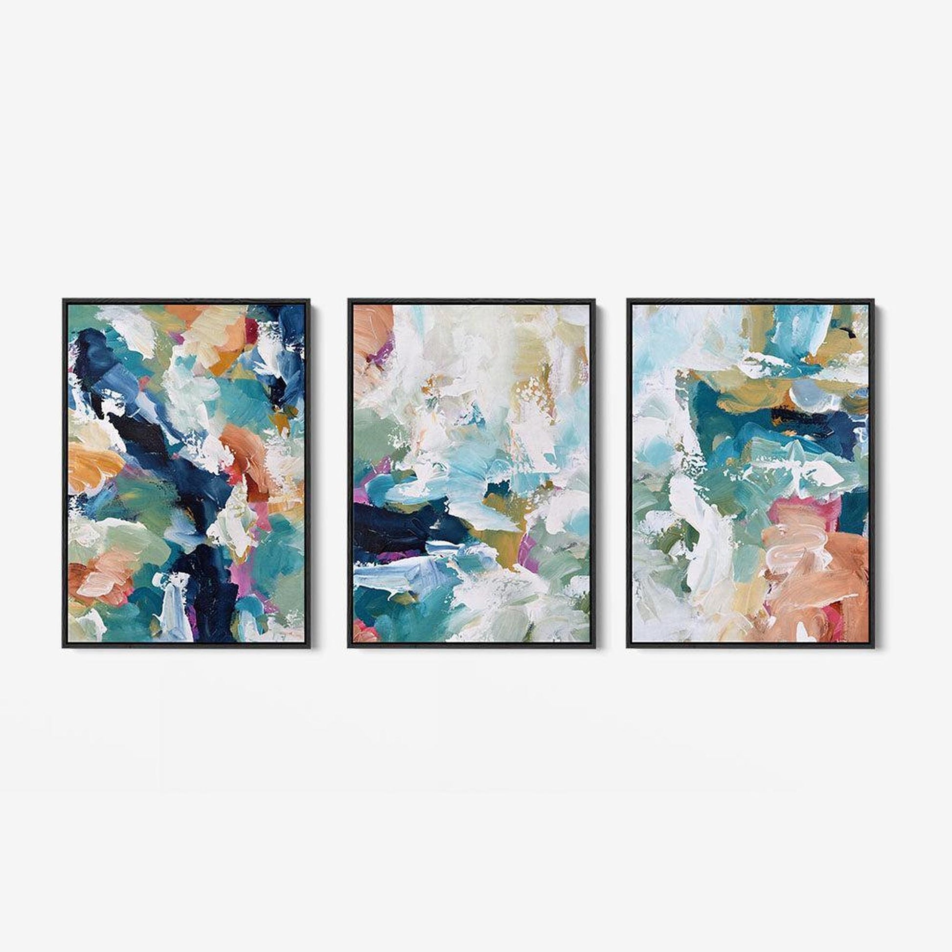 Blush On Teal Strokes Canvas Set Of 3-framed-Canvas Set Of 3-Abstract House