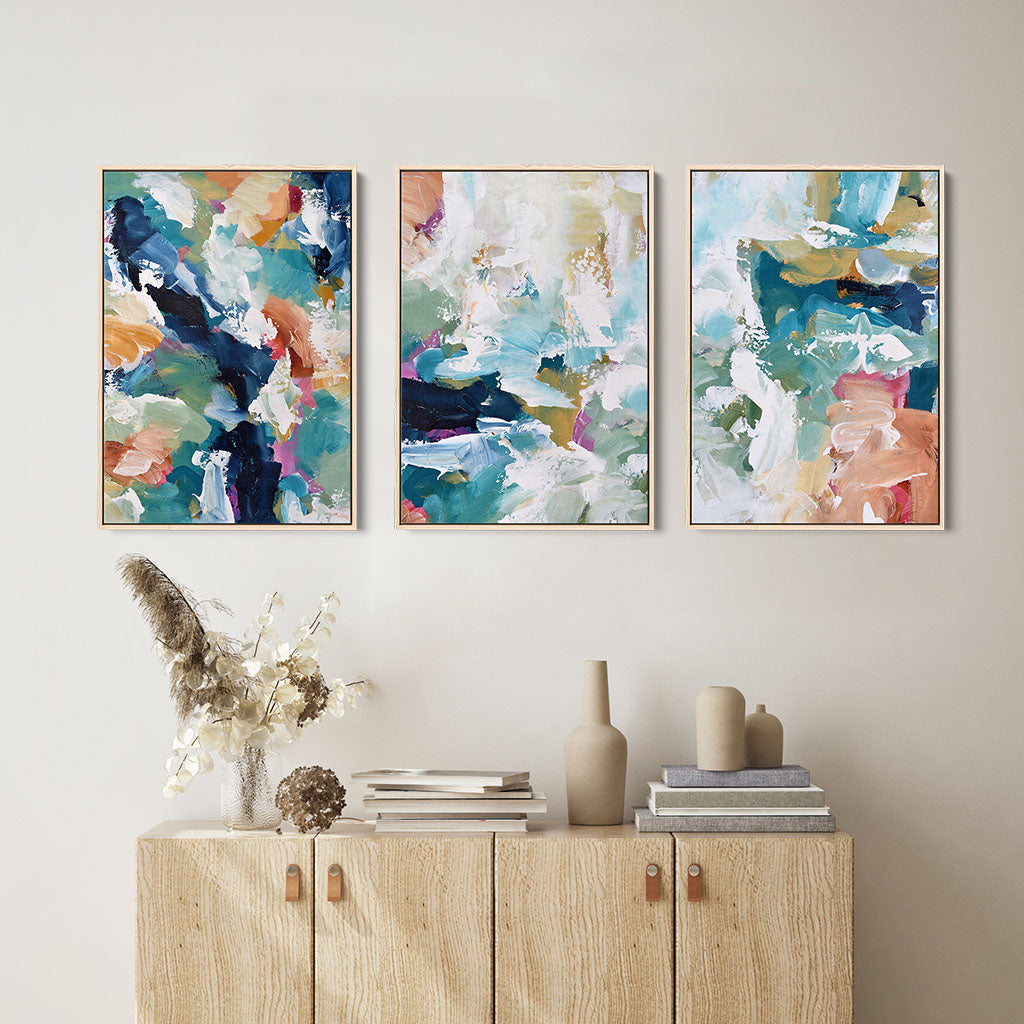 Blush On Teal Strokes Canvas Set Of 3-framed-Canvas Set Of 3-Abstract House