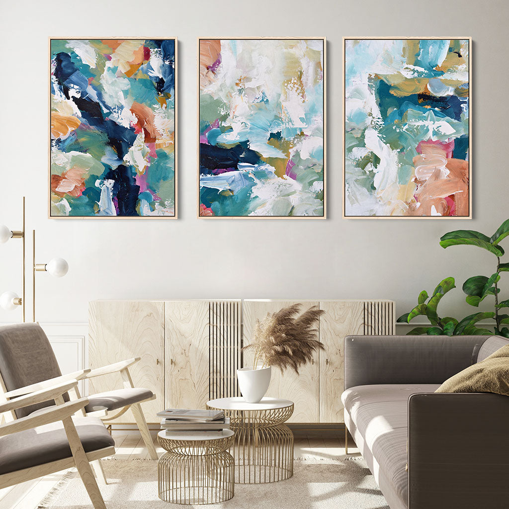 Blush On Teal Strokes Canvas Set Of 3-framed-Canvas Set Of 3-Abstract House