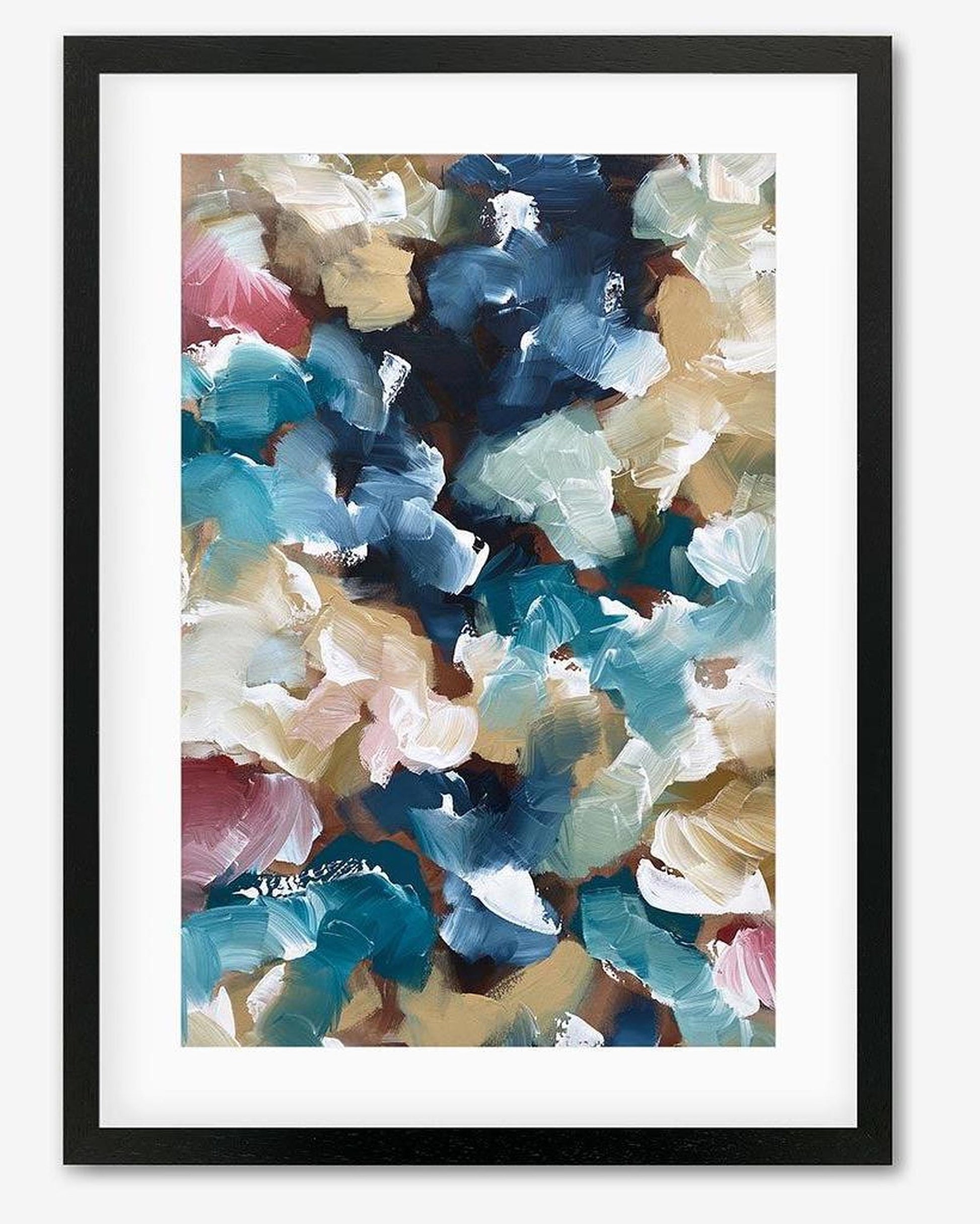 Framed abstract art print with blue, pink, and beige colors on a white background
