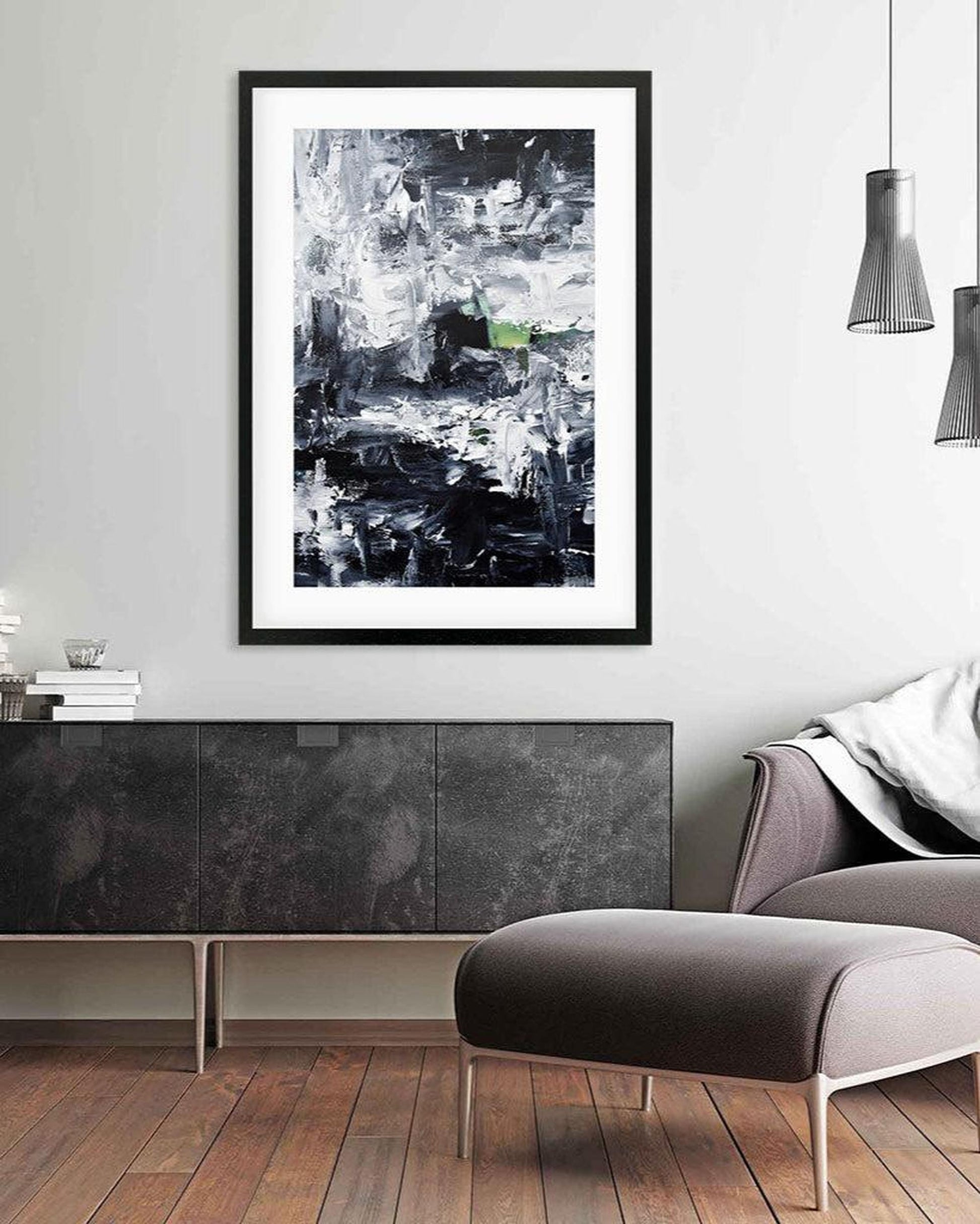 Modern living room with abstract art on the wall