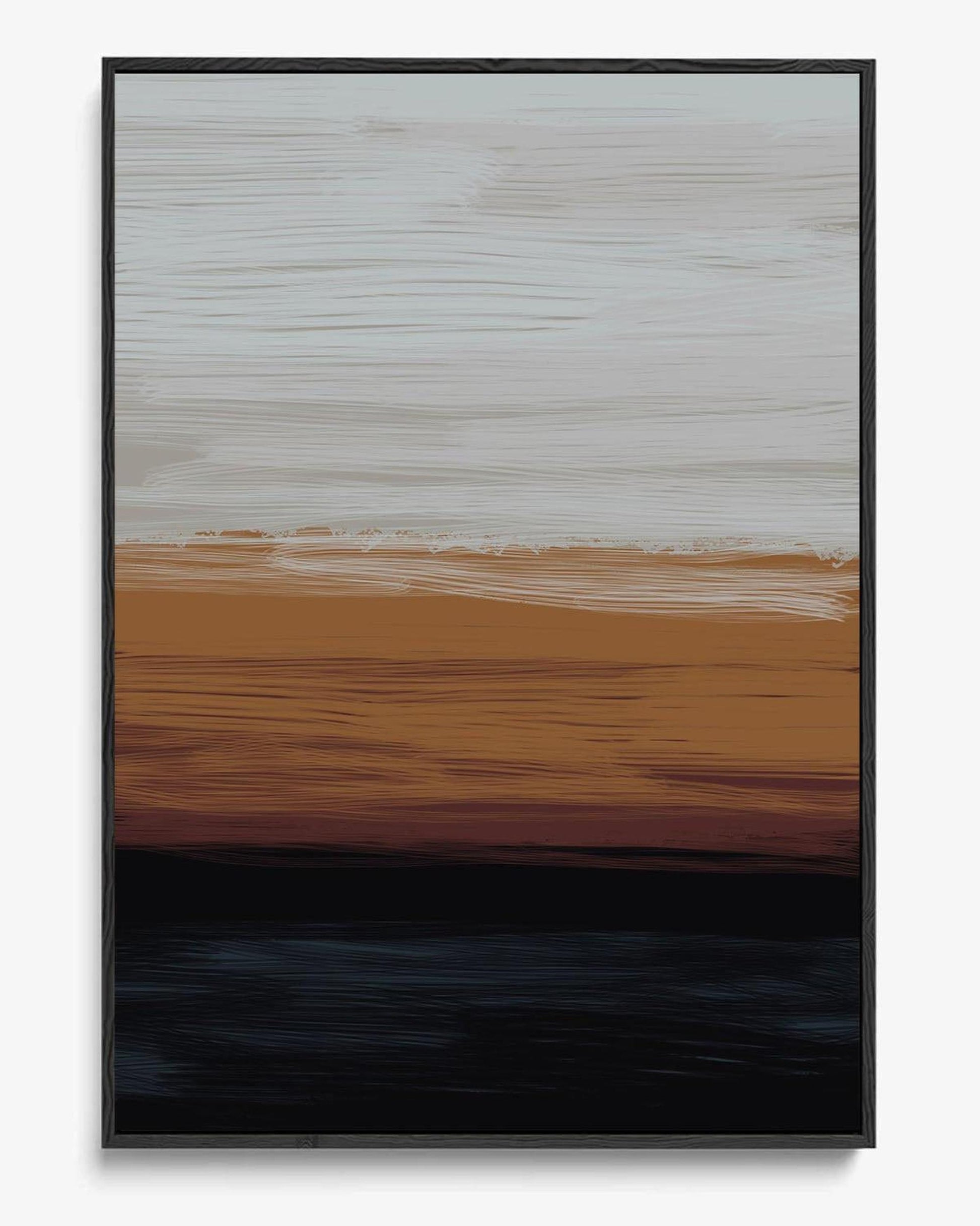 Abstract art piece with horizontal brush strokes in beige, brown, and black on a white background.