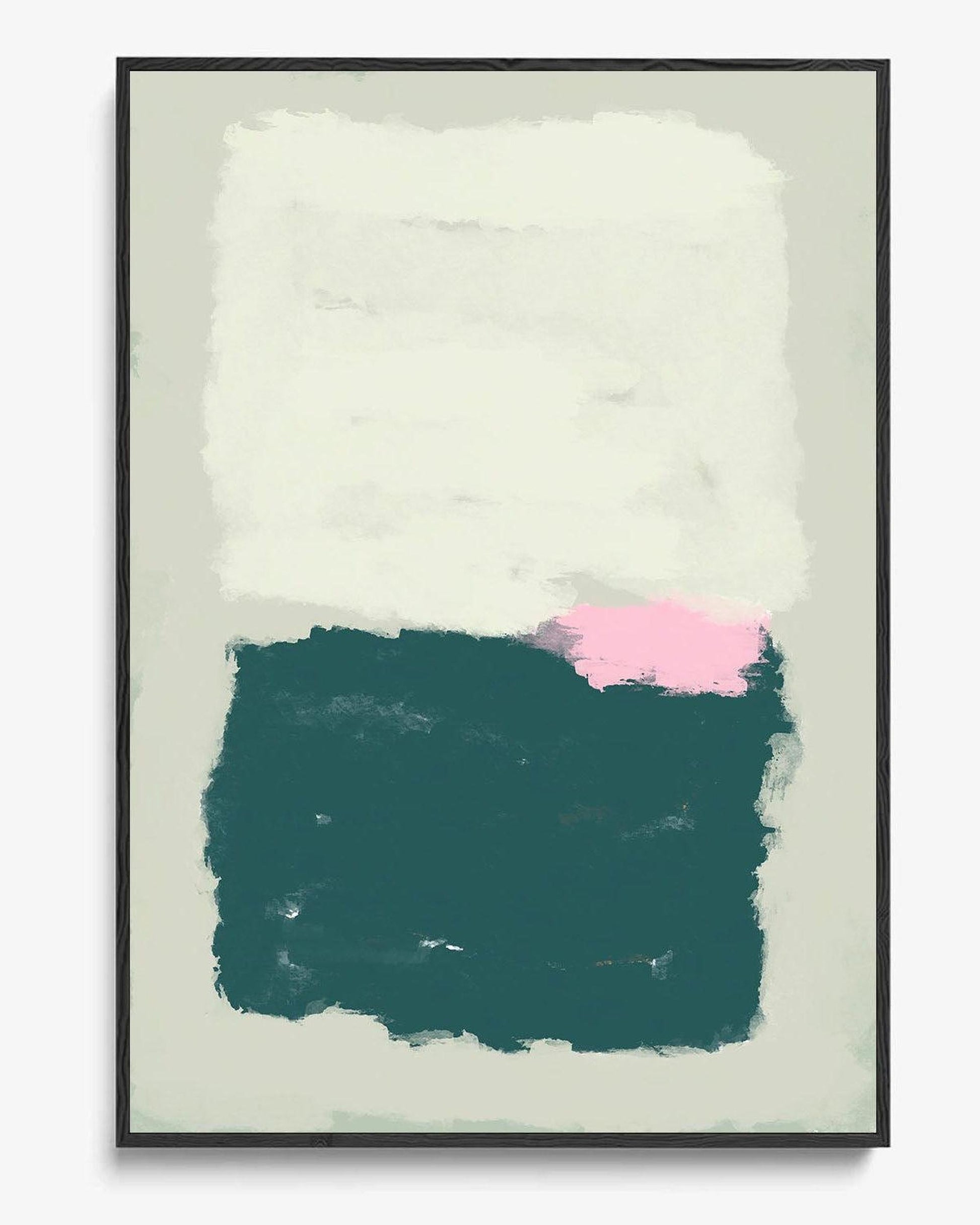 Abstract art print with white, teal, and pink brush strokes on a light background