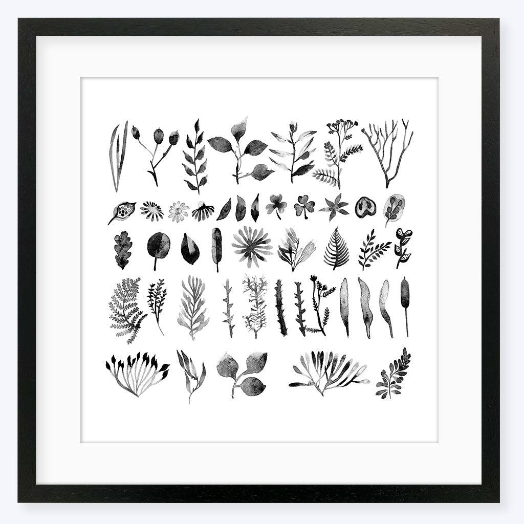 Black And White Watercolour Leaves Art Print - Black Frame - Abstract House