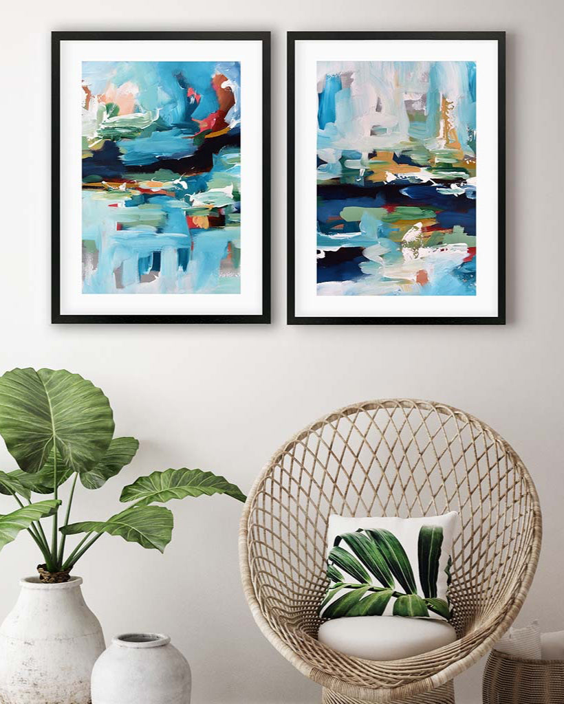 Turquoise Hues Abstract - Print Set Of 2-framed-Wall Art Print Set Of 2-Abstract House