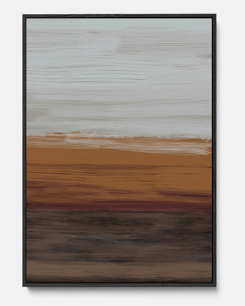 Abstract art piece with horizontal brush strokes in brown, orange, and beige on a white background.