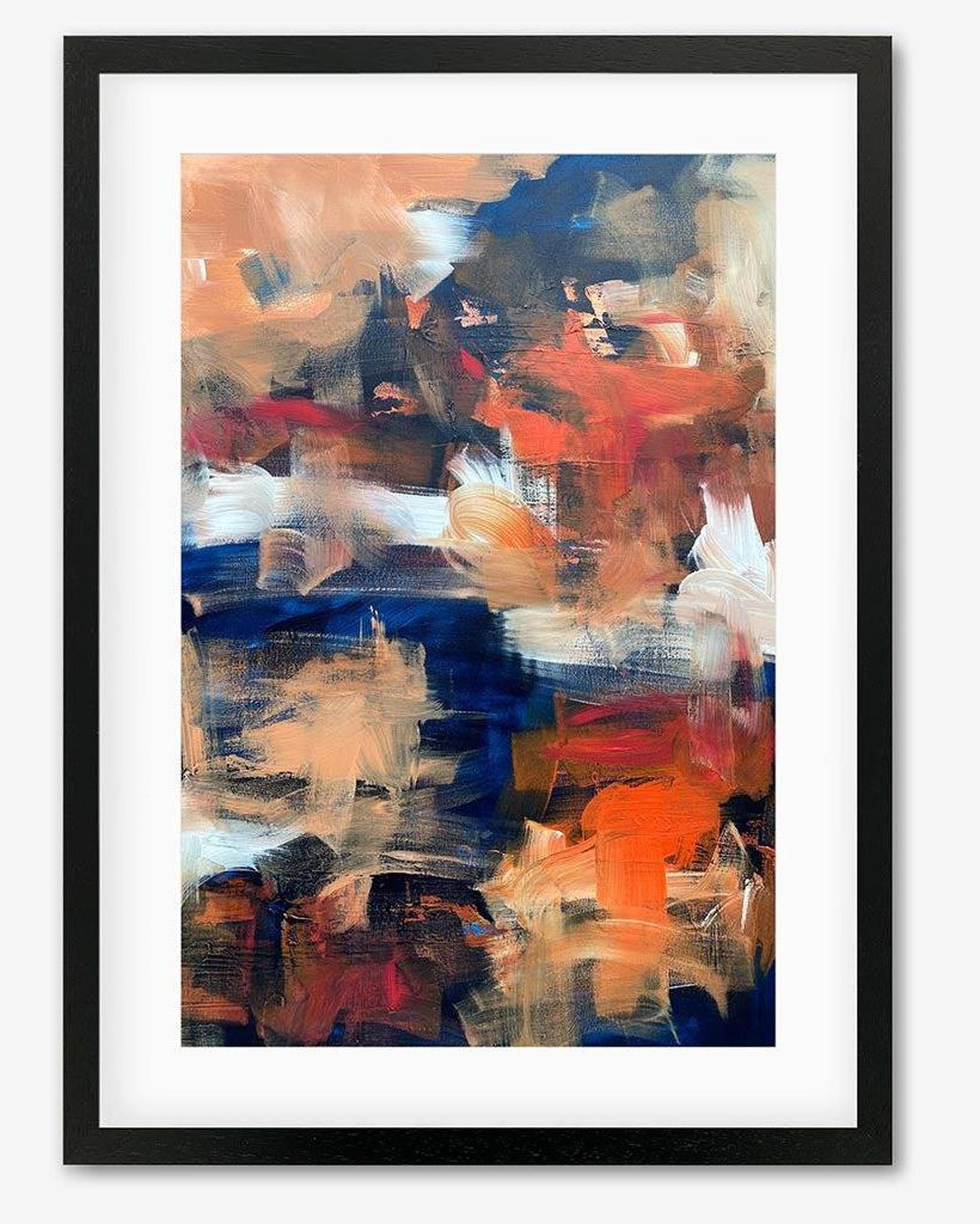 Framed abstract painting with bold colors on a white background