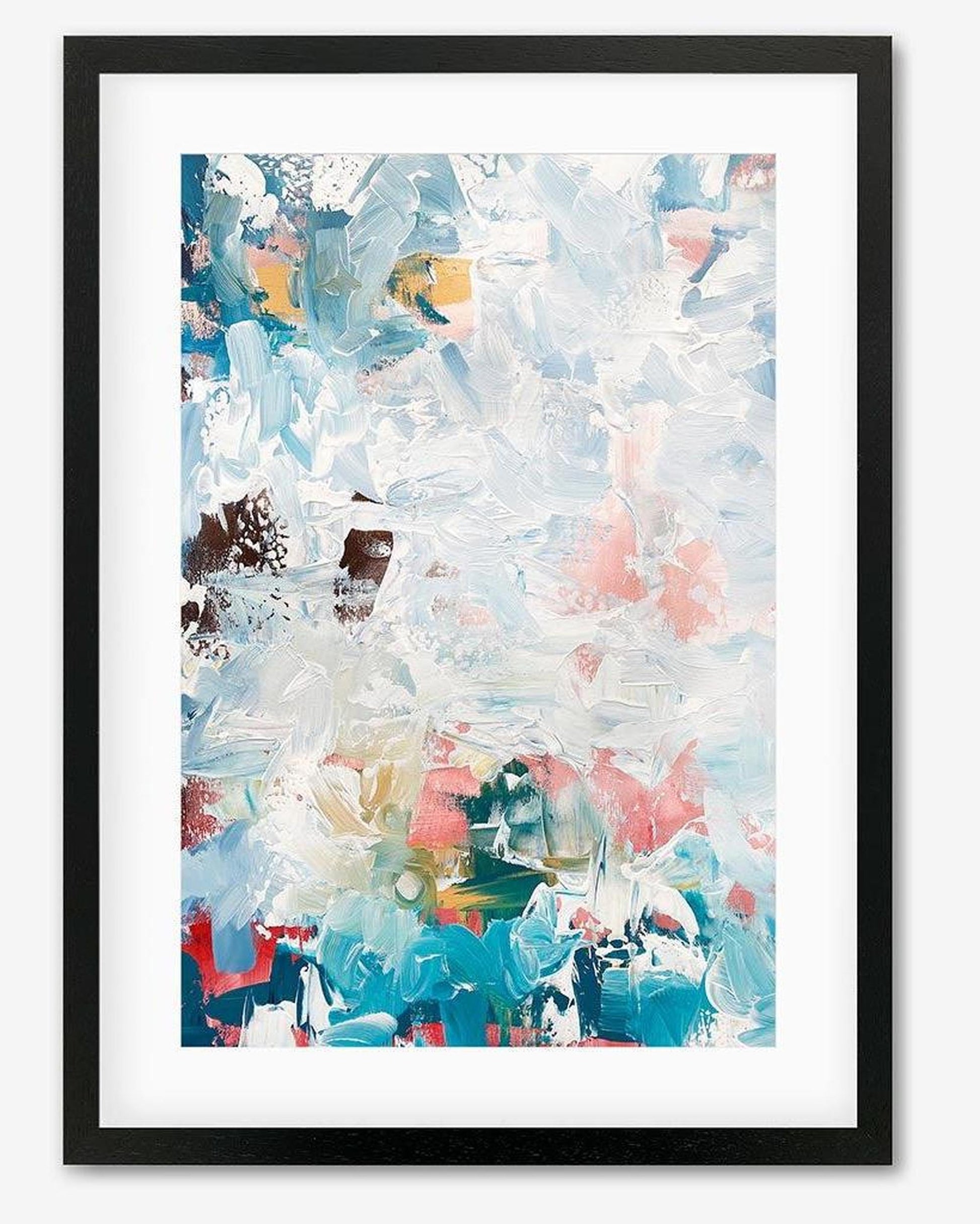 Framed abstract art print with colorful brush strokes on a white background