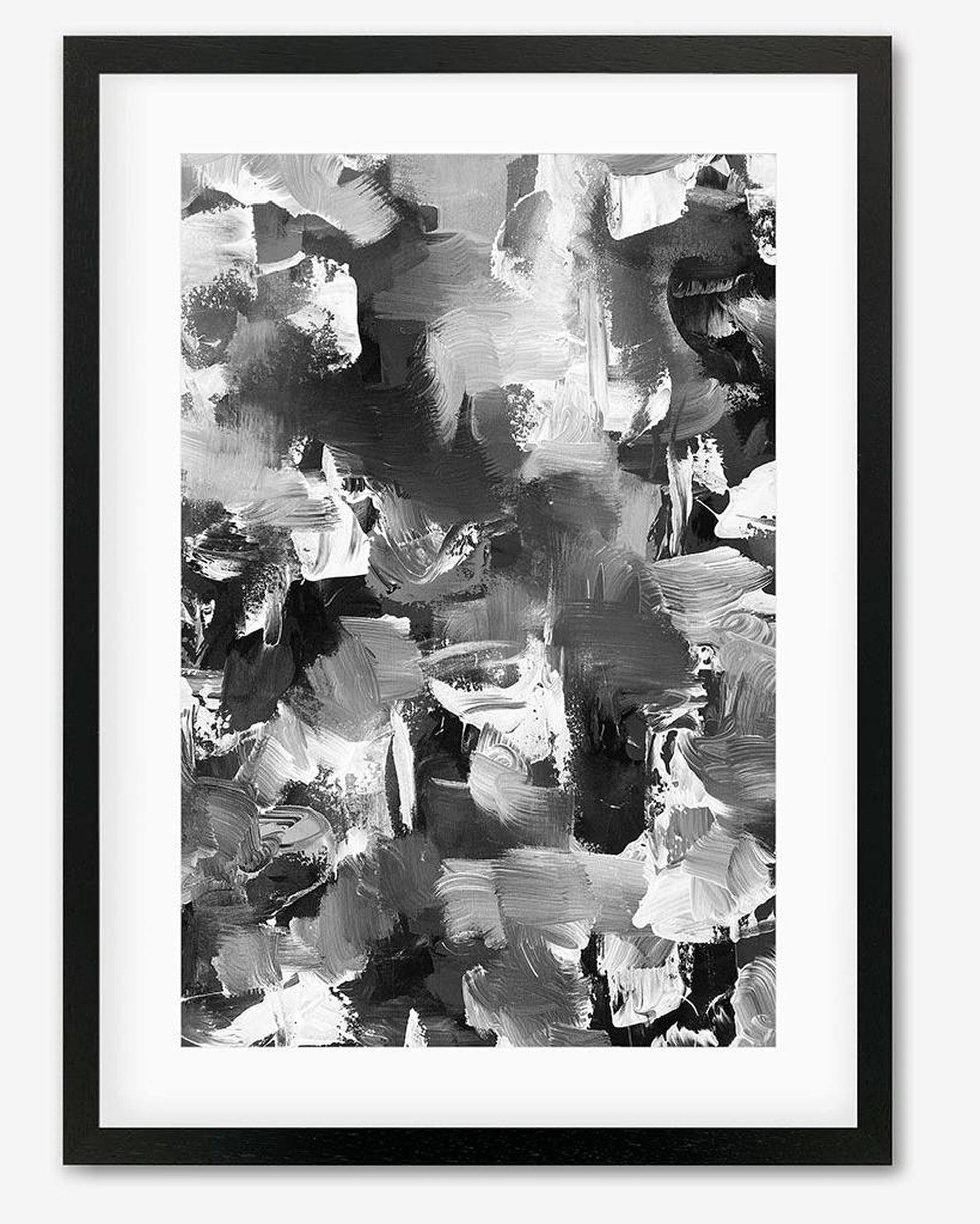 Framed abstract art print with black and white brush strokes on a white background