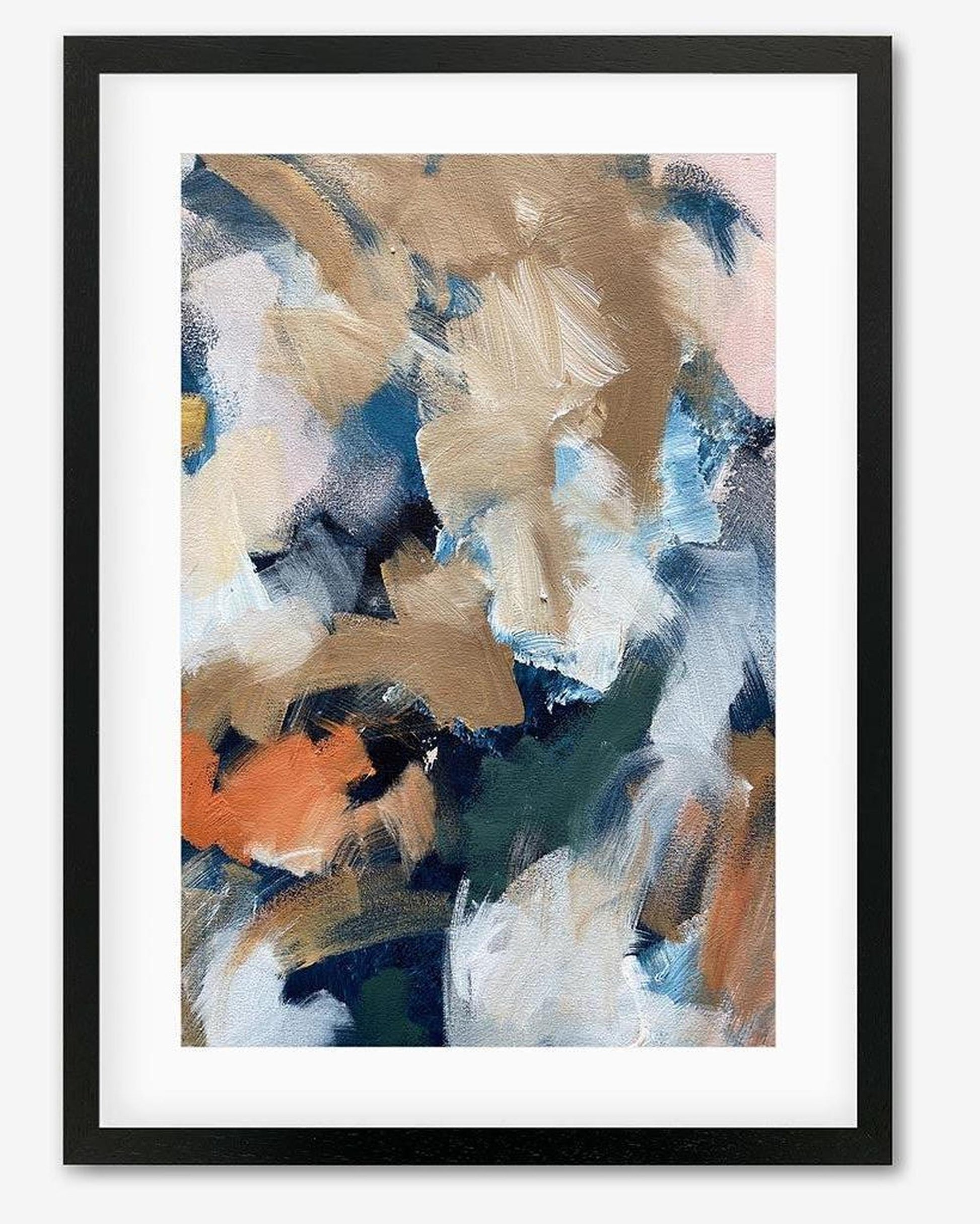 Abstract art print with brown, blue, and orange colors in a black frame.