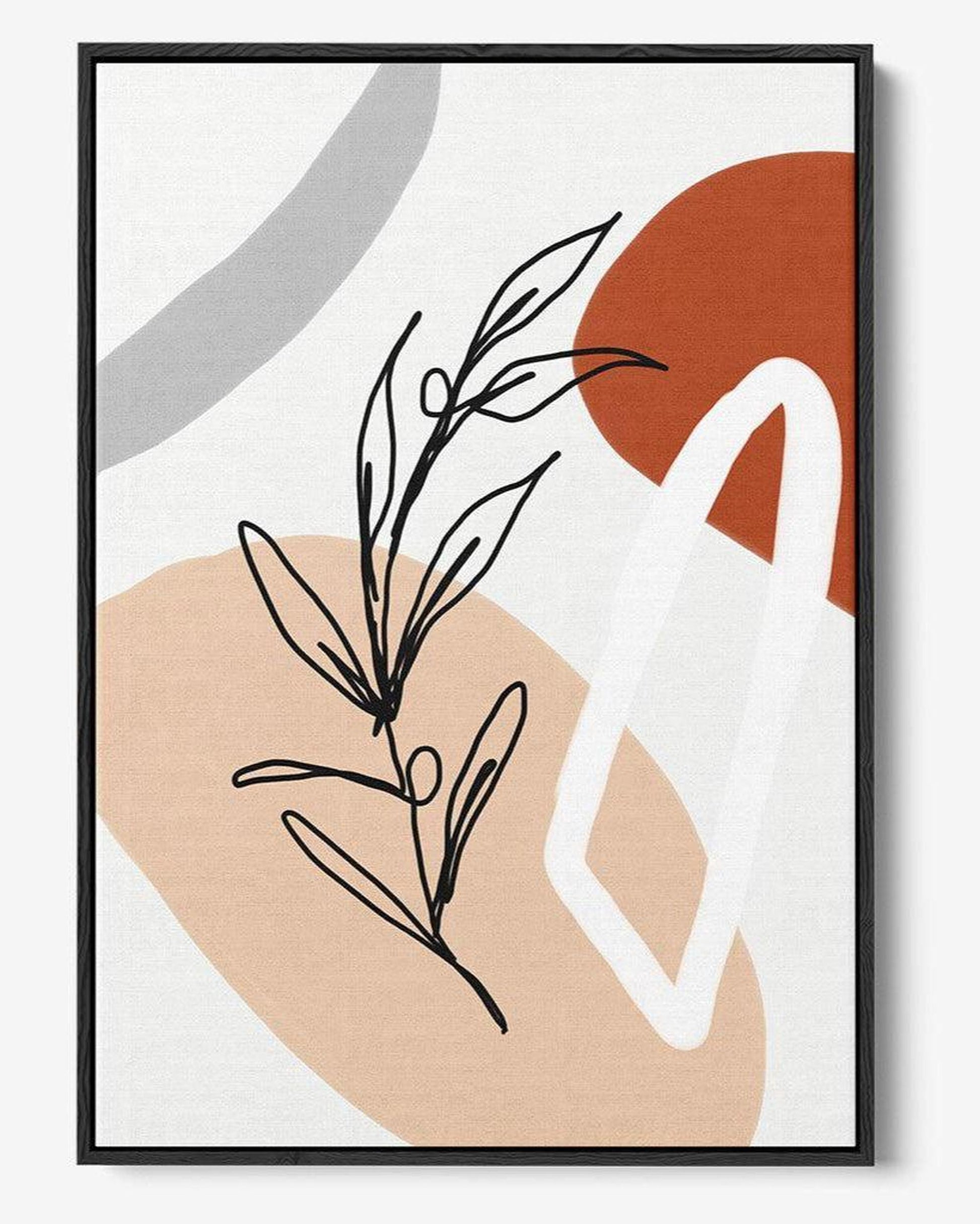 Abstract art print with black line art, beige, brown, and white shapes on a light gray background.