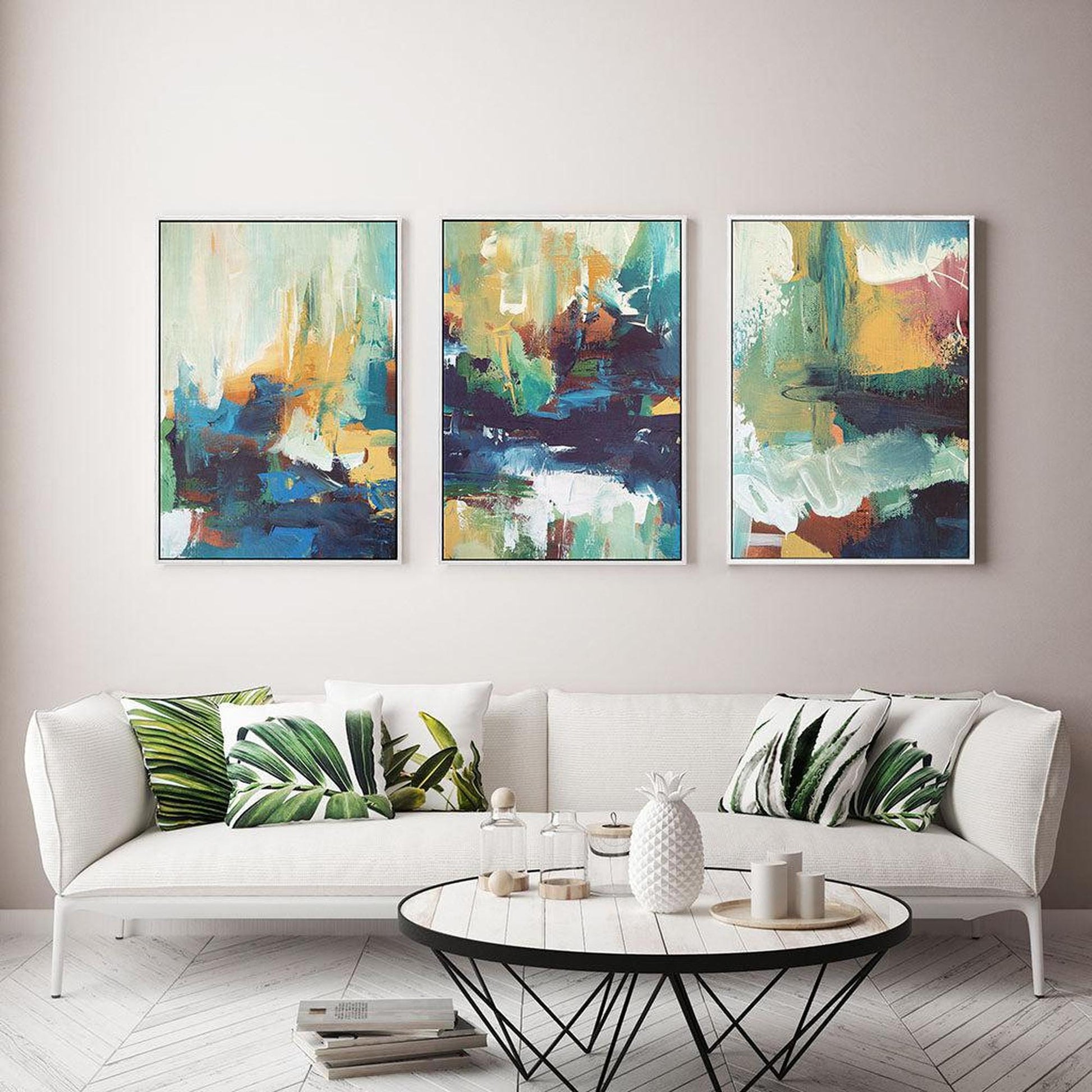 Abstract Colour Trio Canvas Set Of 3 White Canvas Set Of 3 - Abstract House