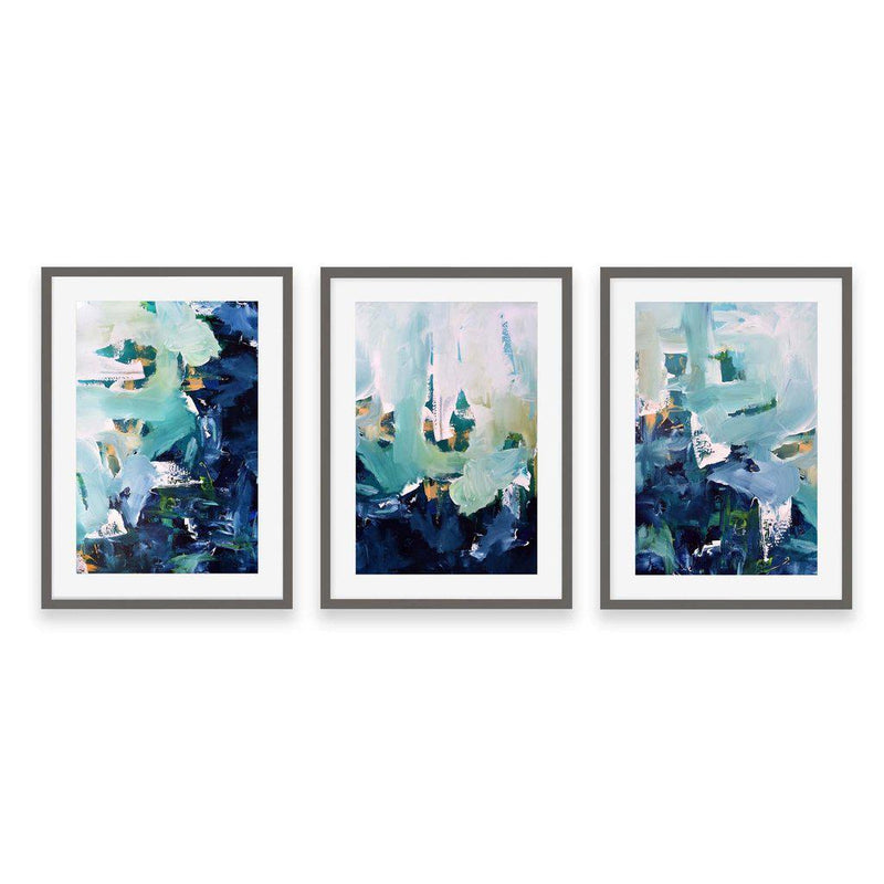 Abstract Landscape - Print Set Of 3 | Framed Blue Wall Art Set