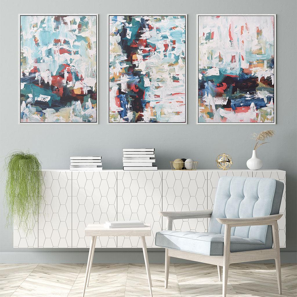 Abstract Layers On Blue Canvas Set Of 3 White Canvas Set Of 3 - Abstract House