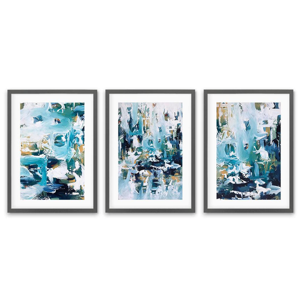 Abstract Teal Waves - Print Set Of 3 | Framed Set Of Three Prints