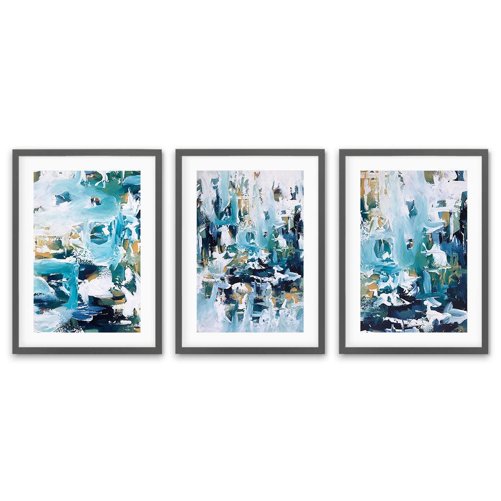 Abstract Teal Waves - Print Set Of 3 Grey Frame Wall Art Print Set Of 3 - Abstract House