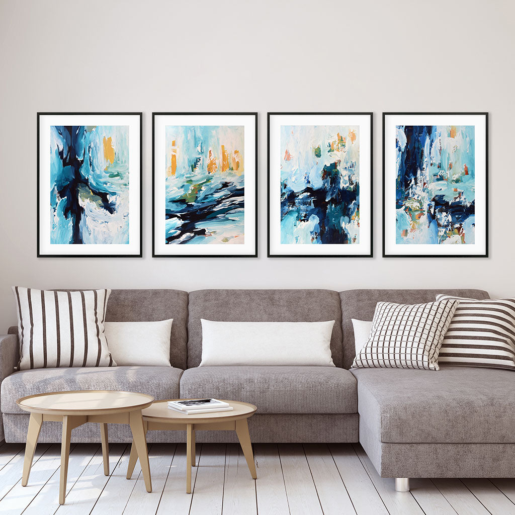 Abstract Teal And Gold Tones - Print Set Of 4-framed-Wall Art Print Set Of 4-Abstract House