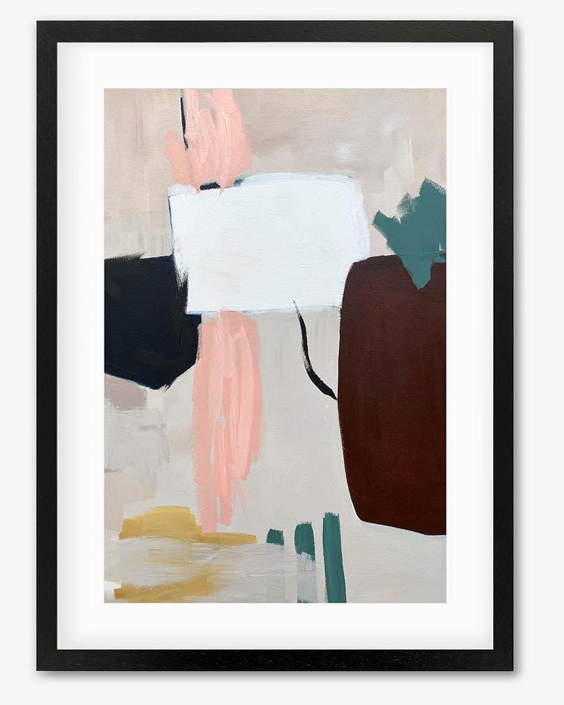 Framed abstract art print with colorful brush strokes on a white background