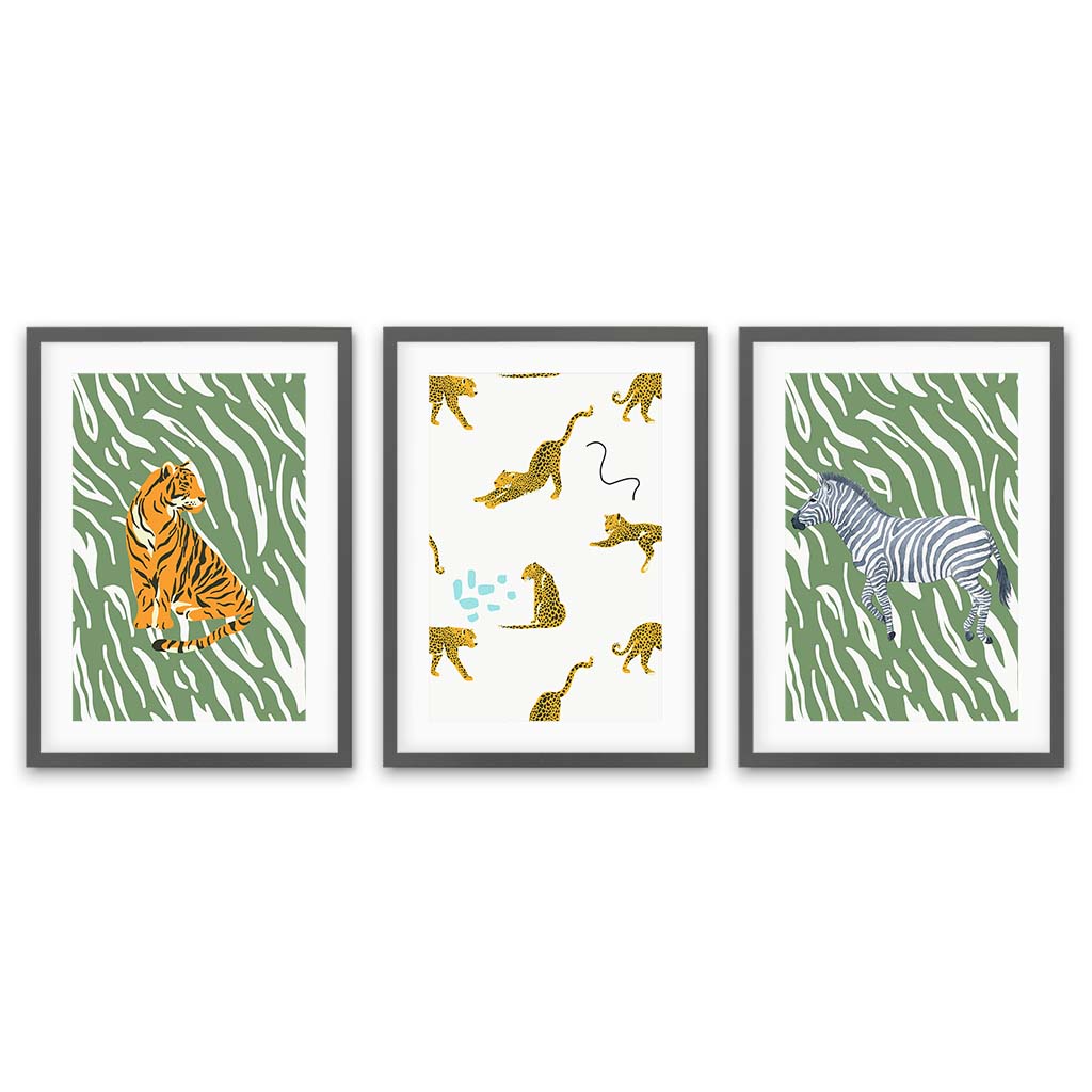Animal Antics - Print Set of 3 Grey Frame Wall Art Print Set Of 3 - Abstract House