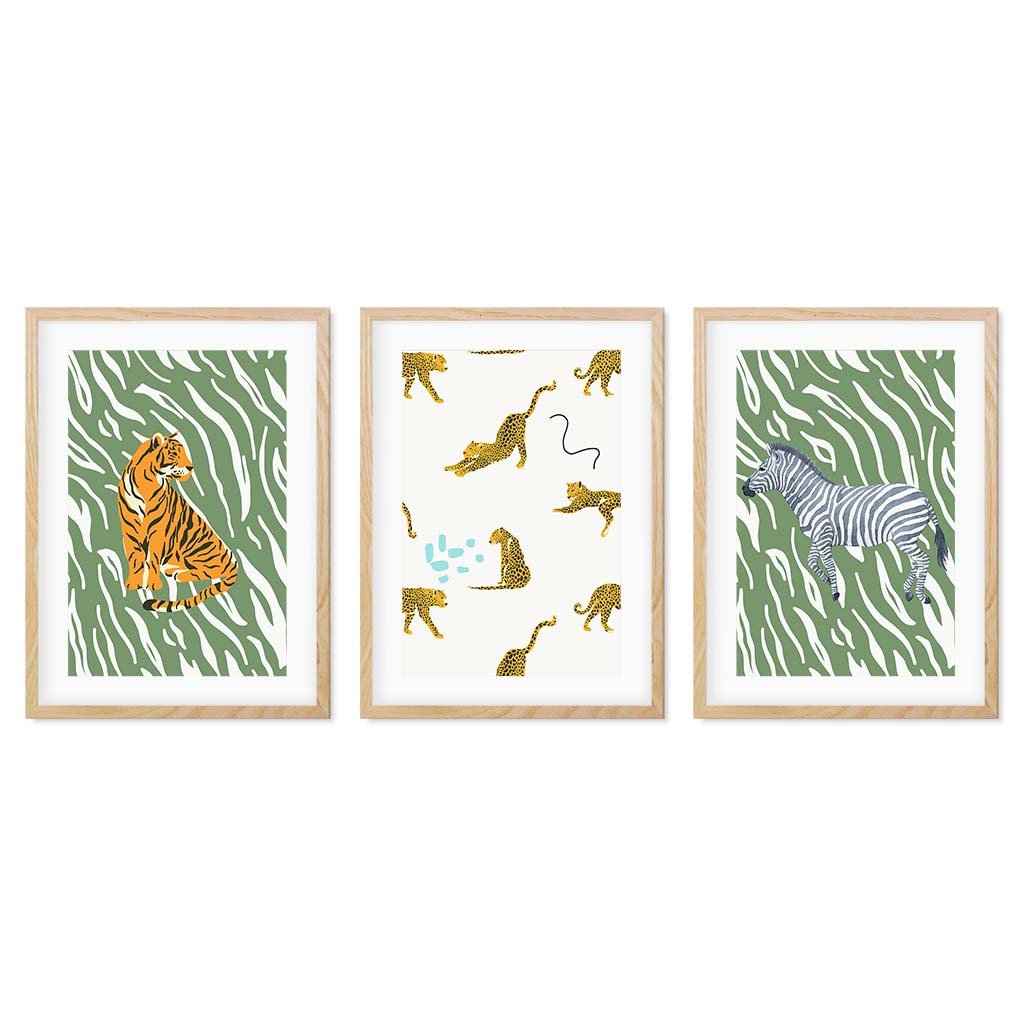 Animal Antics - Print Set of 3 Oak Frame Wall Art Print Set Of 3 - Abstract House