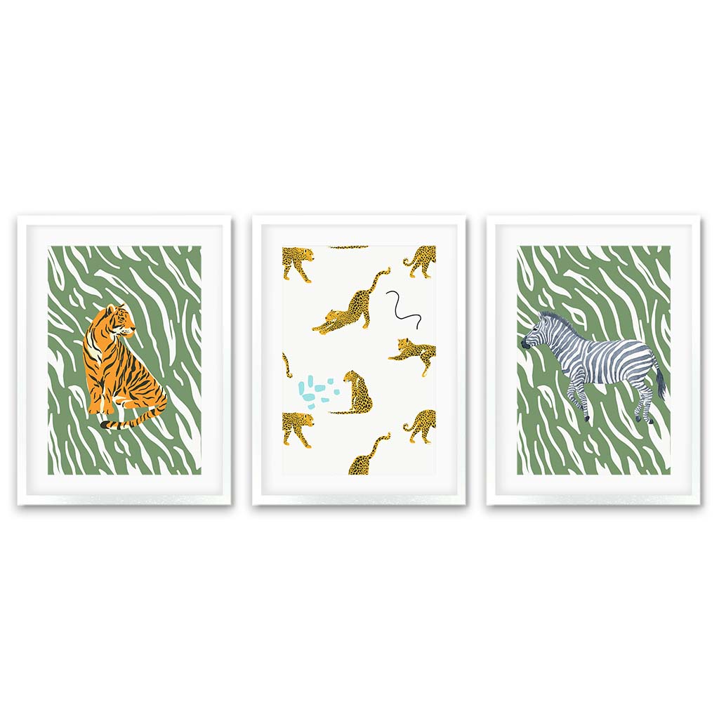 Animal Antics - Print Set of 3 White Frame Wall Art Print Set Of 3 - Abstract House
