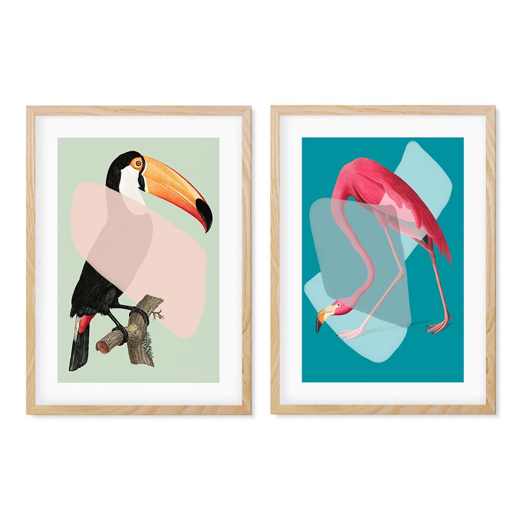 Birds Pop Art - Print Set Of 2 Oak Frame Wall Art Print Set Of 2 - Abstract House