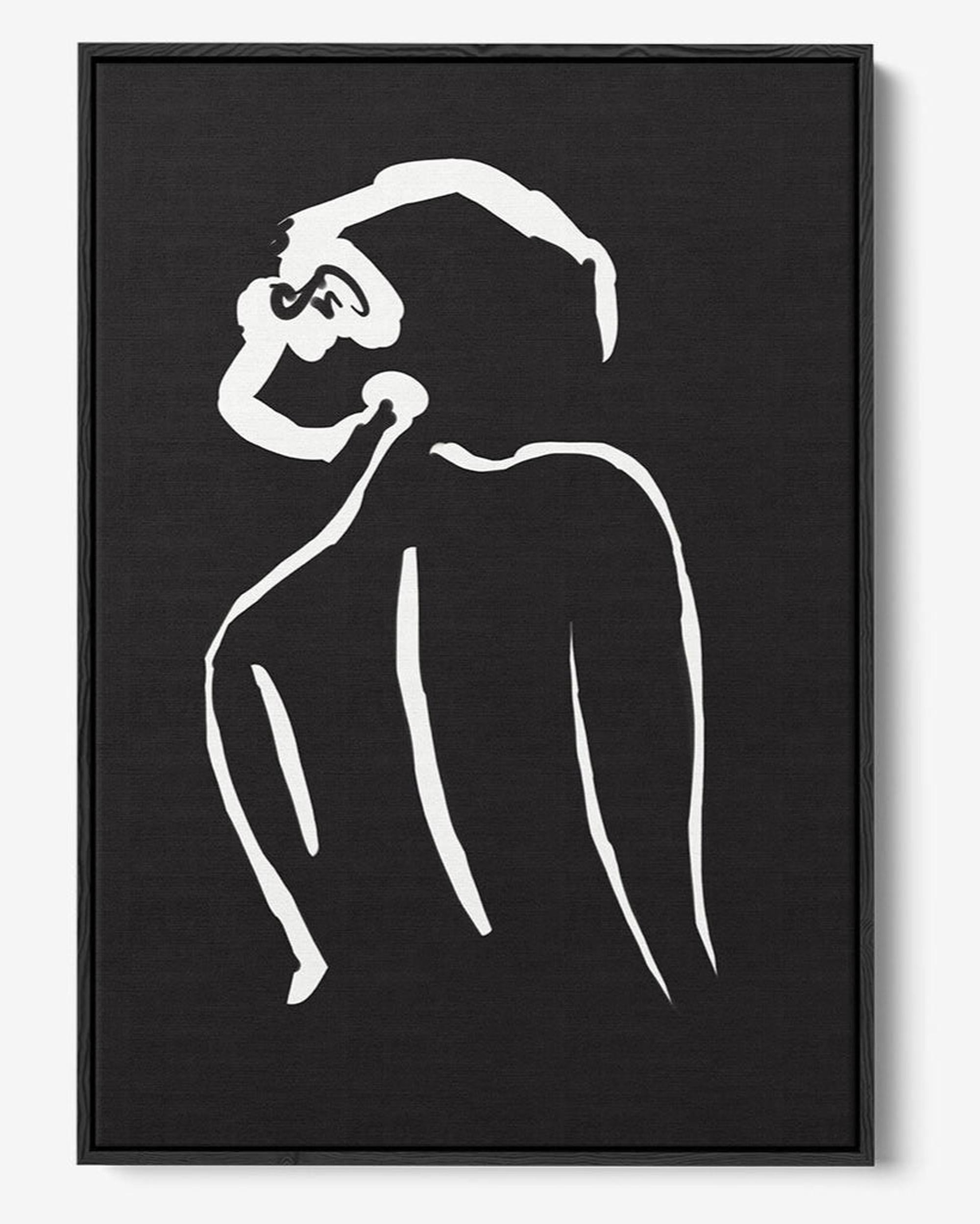Framed black and white abstract artwork of a figure on a black background