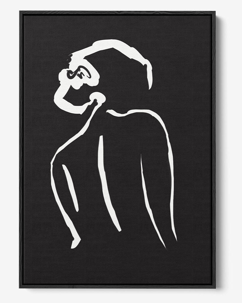 Framed black and white abstract artwork of a figure on a black background