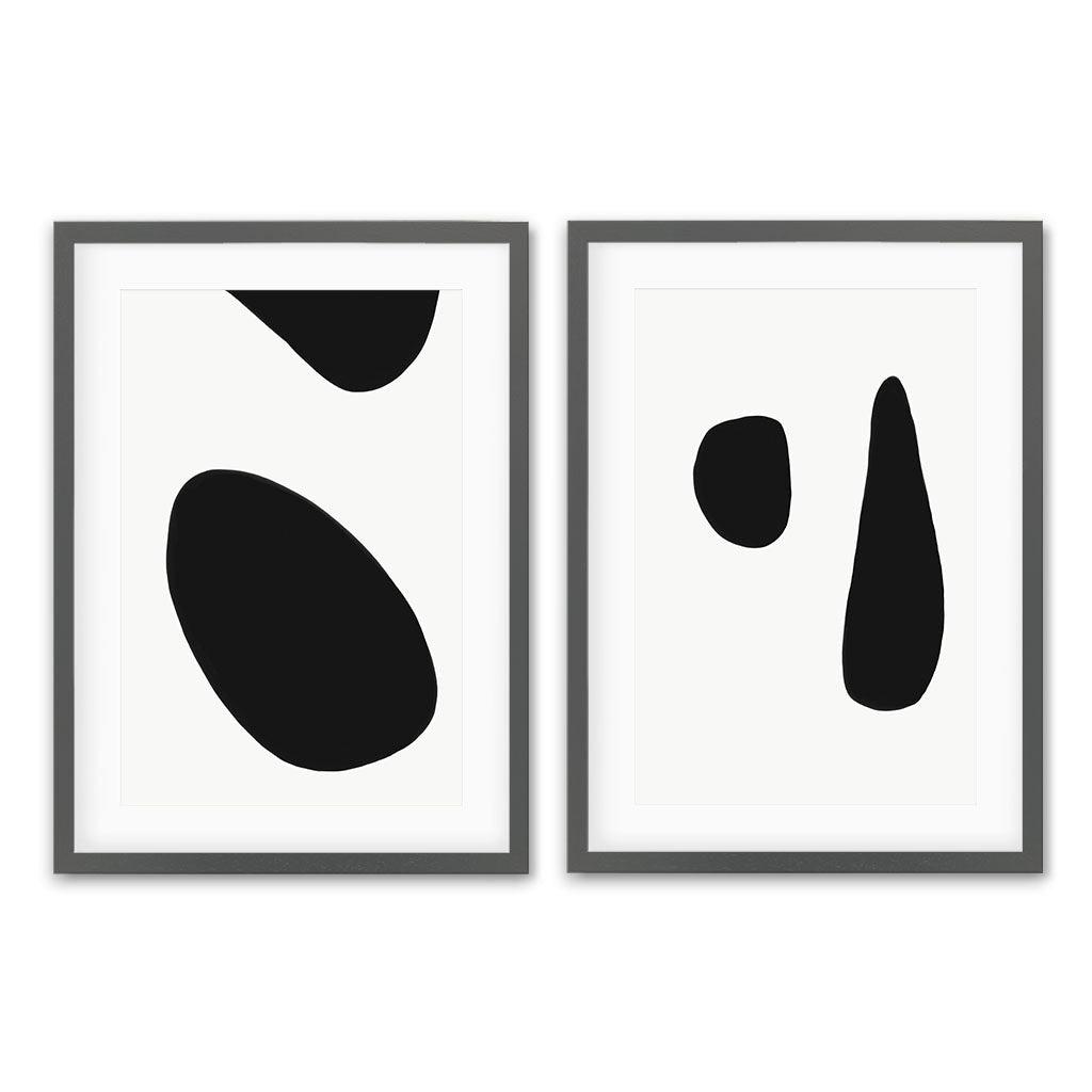 Black & White Shapes - Print Set Of 2 Grey Frame Wall Art Print Set Of 2 - Abstract House