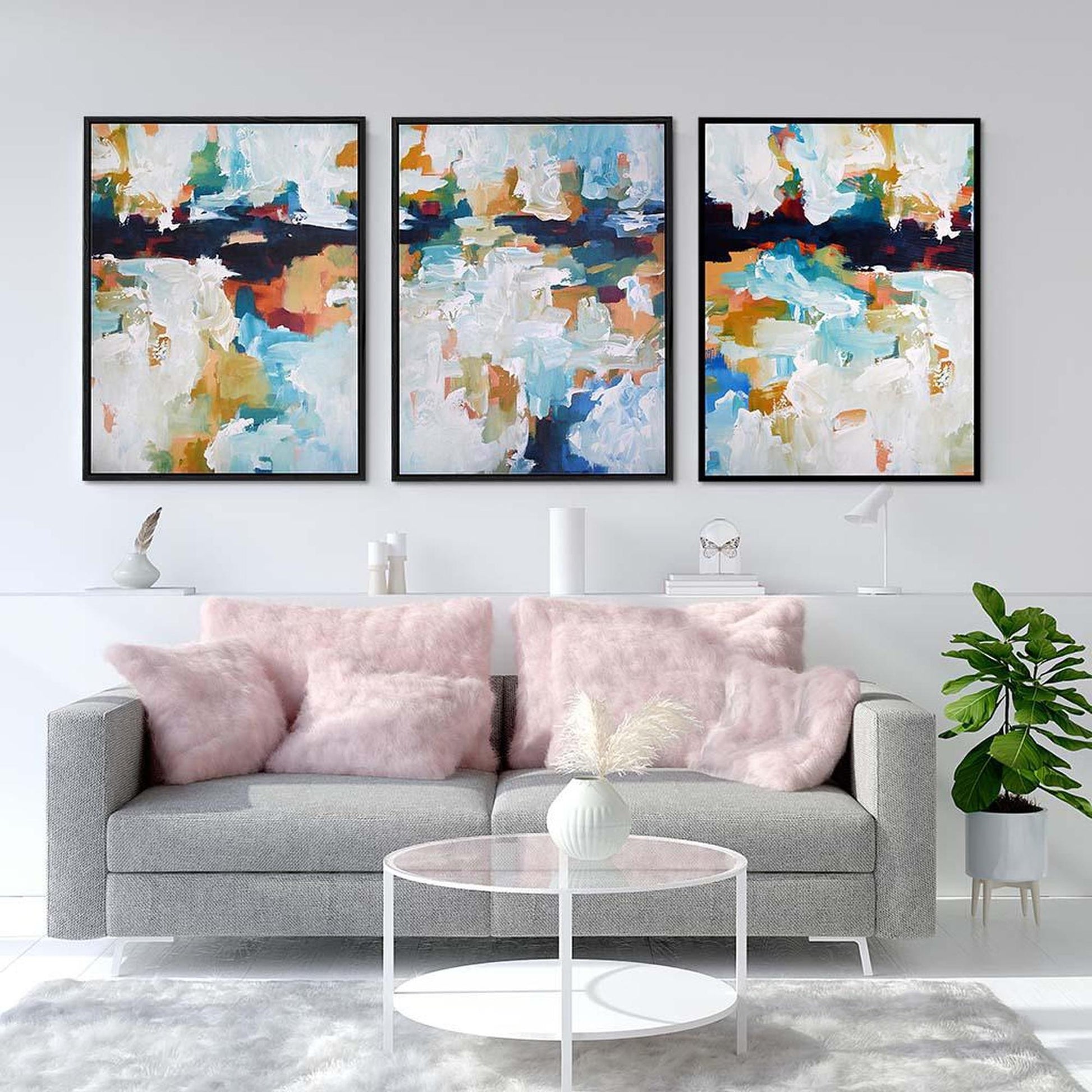 Blue Estuaries Abstract Canvas Set Of 3 White Canvas Set Of 3 - Abstract House