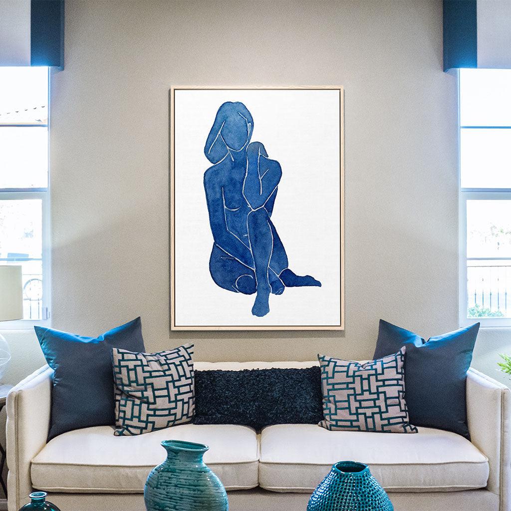Blue Female Nude Framed Canvas White Canvas Prints - Abstract House