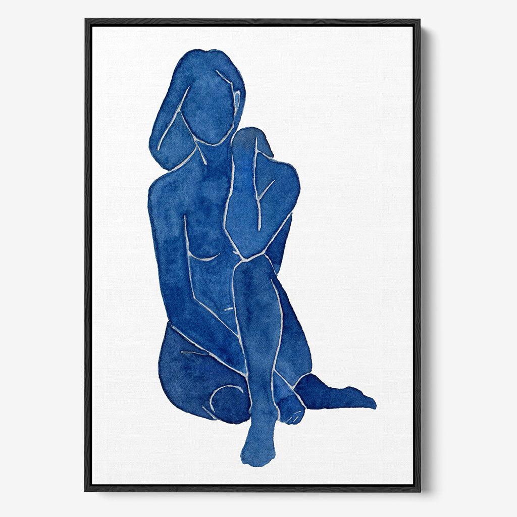Blue Female Nude Framed Canvas Black Canvas Prints - Abstract House