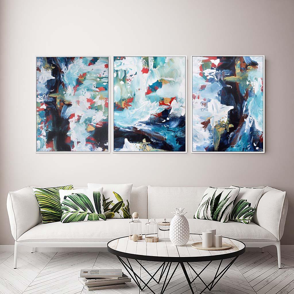 Blue River Falls Canvas Set Of 3 White Canvas Set Of 3 - Abstract House