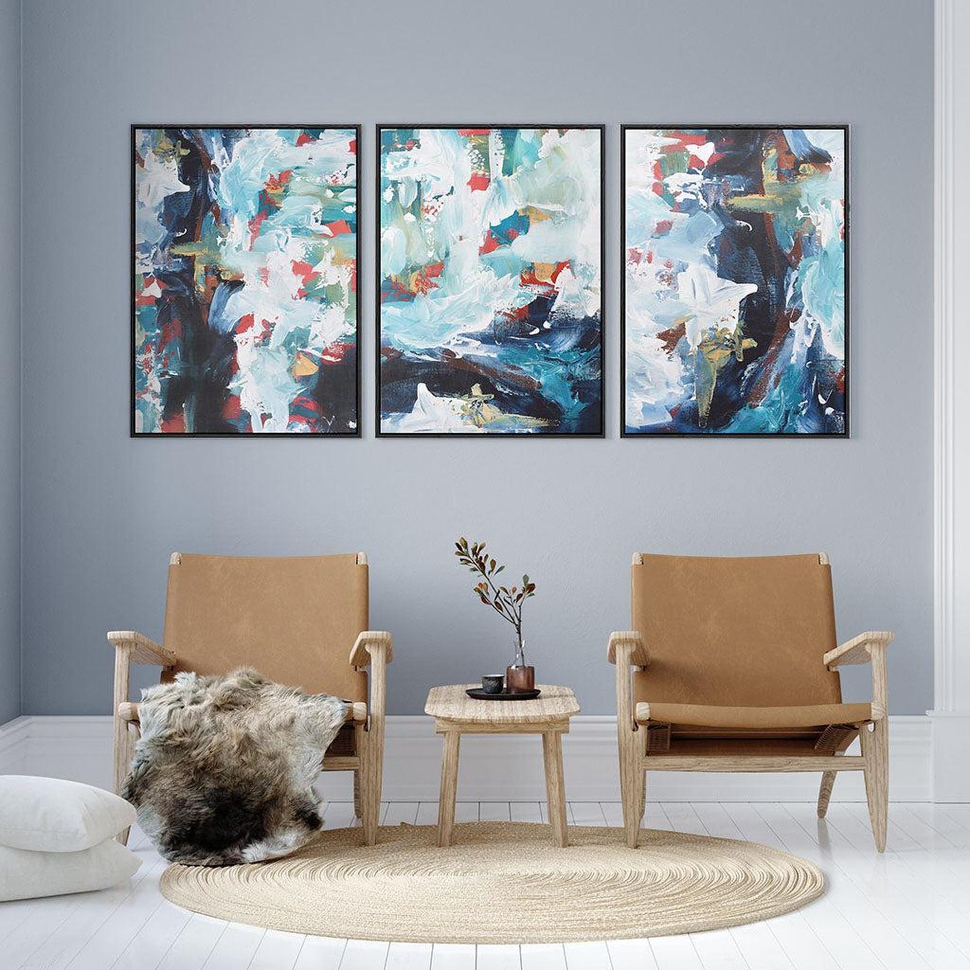 Blue River Falls Canvas Set Of 3 White Canvas Set Of 3 - Abstract House