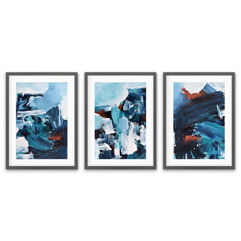 Blue Waters - Print Set Of 3 Grey Frame Wall Art Print Set Of 3 - Abstract House