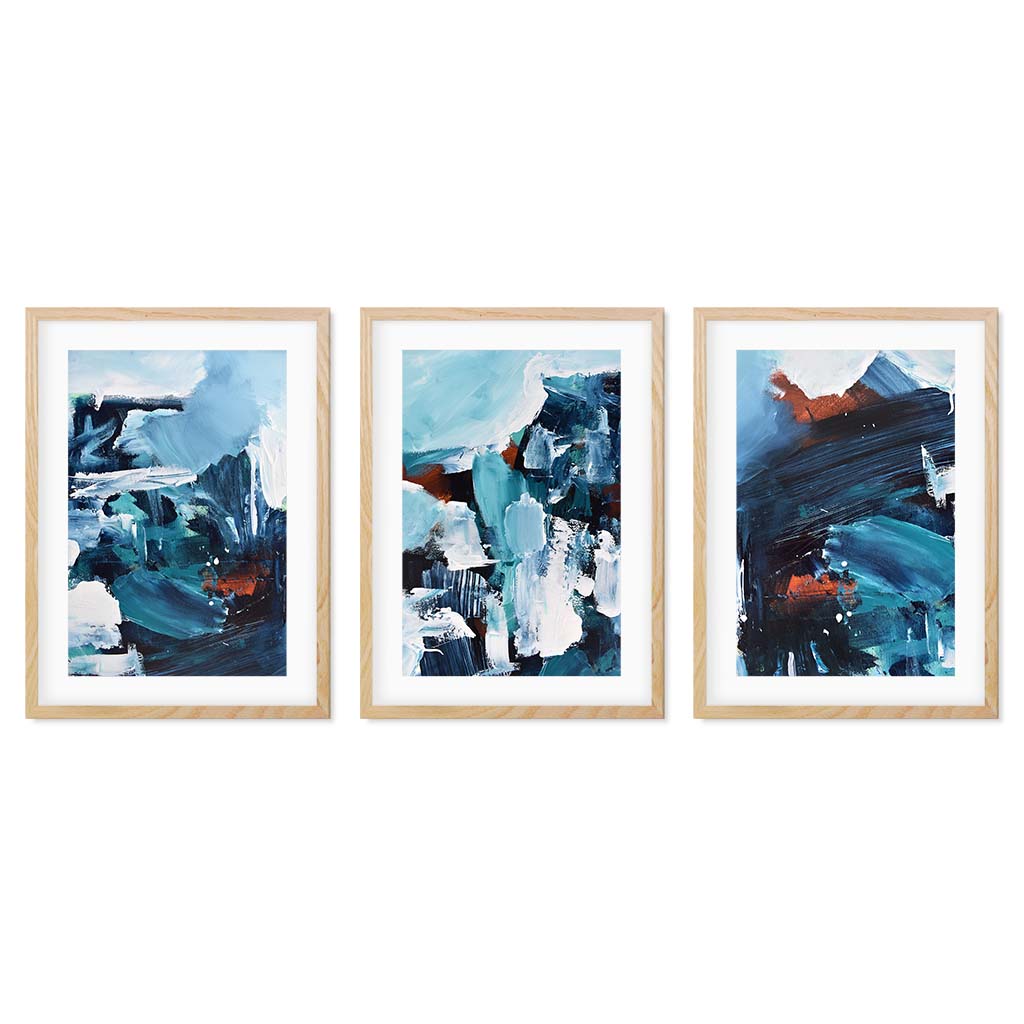 Blue Waters - Print Set Of 3 Oak Frame Wall Art Print Set Of 3 - Abstract House