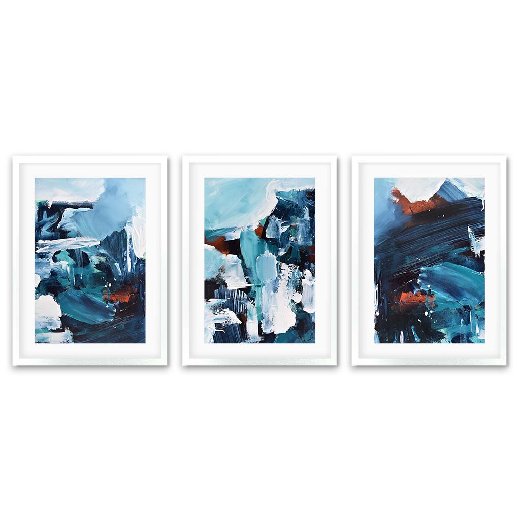 Blue Waters - Print Set Of 3 White Frame Wall Art Print Set Of 3 - Abstract House