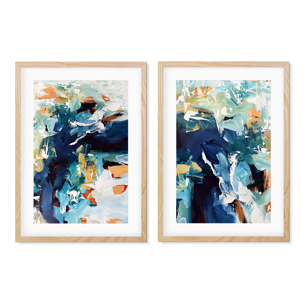 Blue Wave - Print Set Of 2 Oak Frame Wall Art Print Set Of 2 - Abstract House