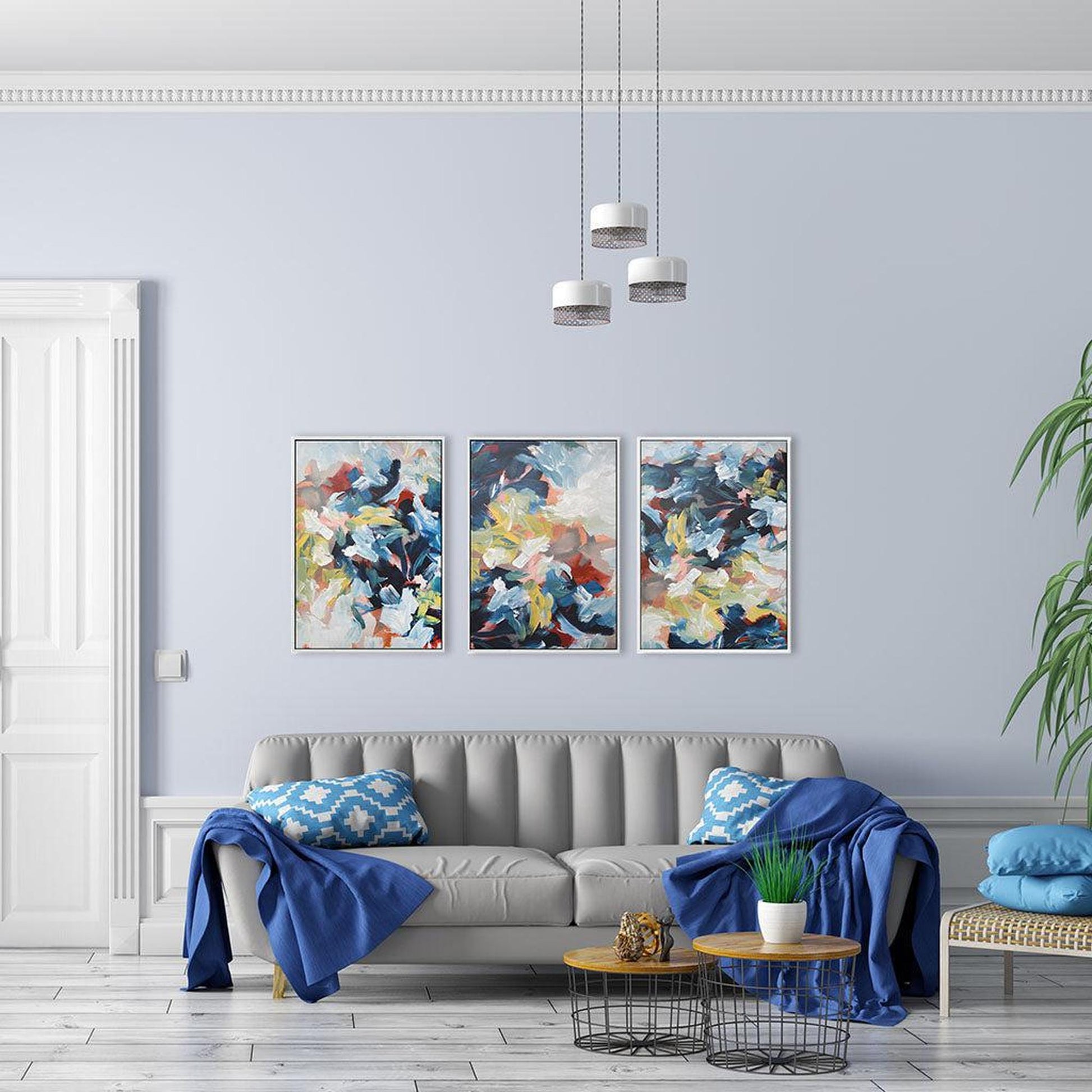 Brushed Colourful Abstract Canvas Set Of 3 White Canvas Set Of 3 - Abstract House