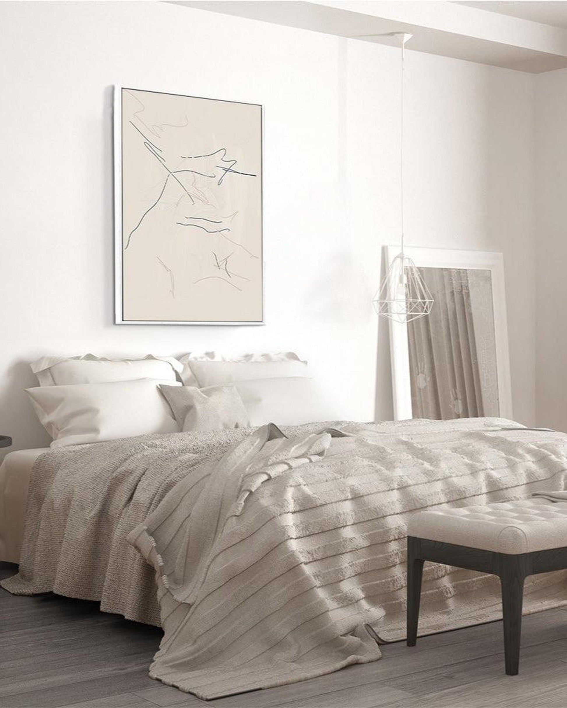 Neatly made bed with white bedding and a abstract wall art in a bedroom setting.