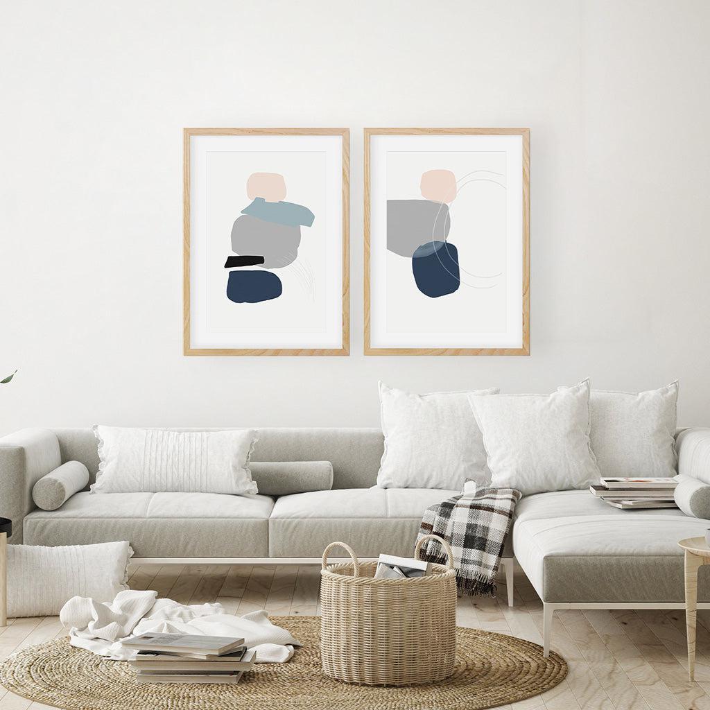 Classic Blue Shapes - Print Set Of 2 Black Frame Wall Art Print Set Of 2 - Abstract House