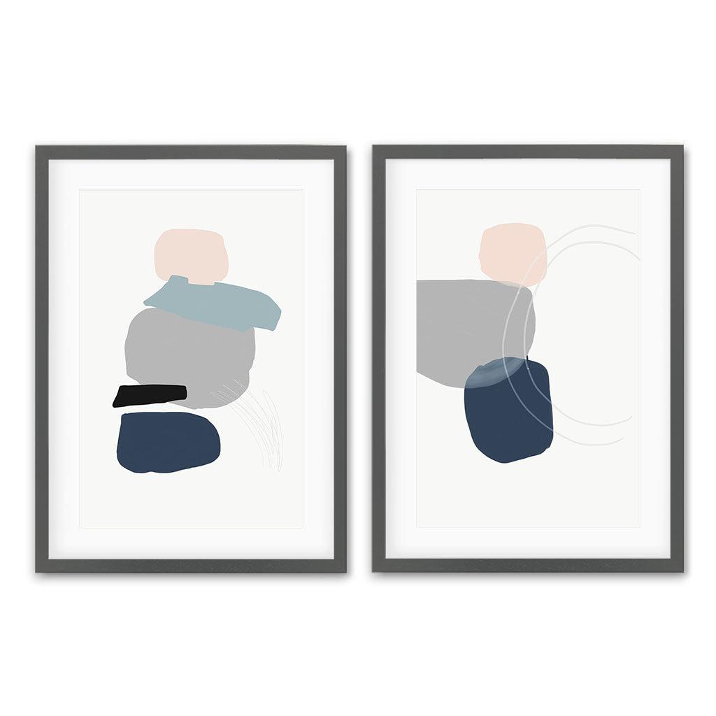 Classic Blue Shapes - Print Set Of 2 Grey Frame Wall Art Print Set Of 2 - Abstract House