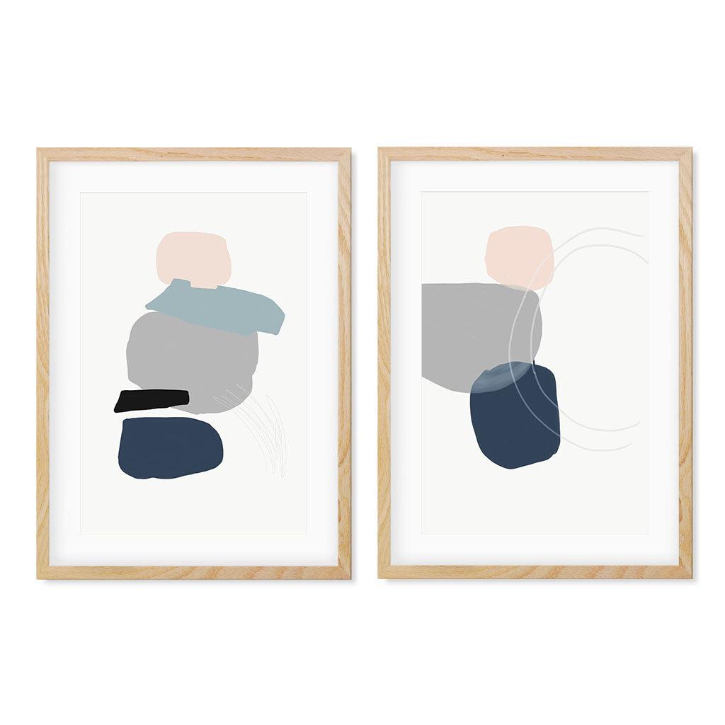 Classic Blue Shapes - Print Set Of 2 Oak Frame Wall Art Print Set Of 2 - Abstract House